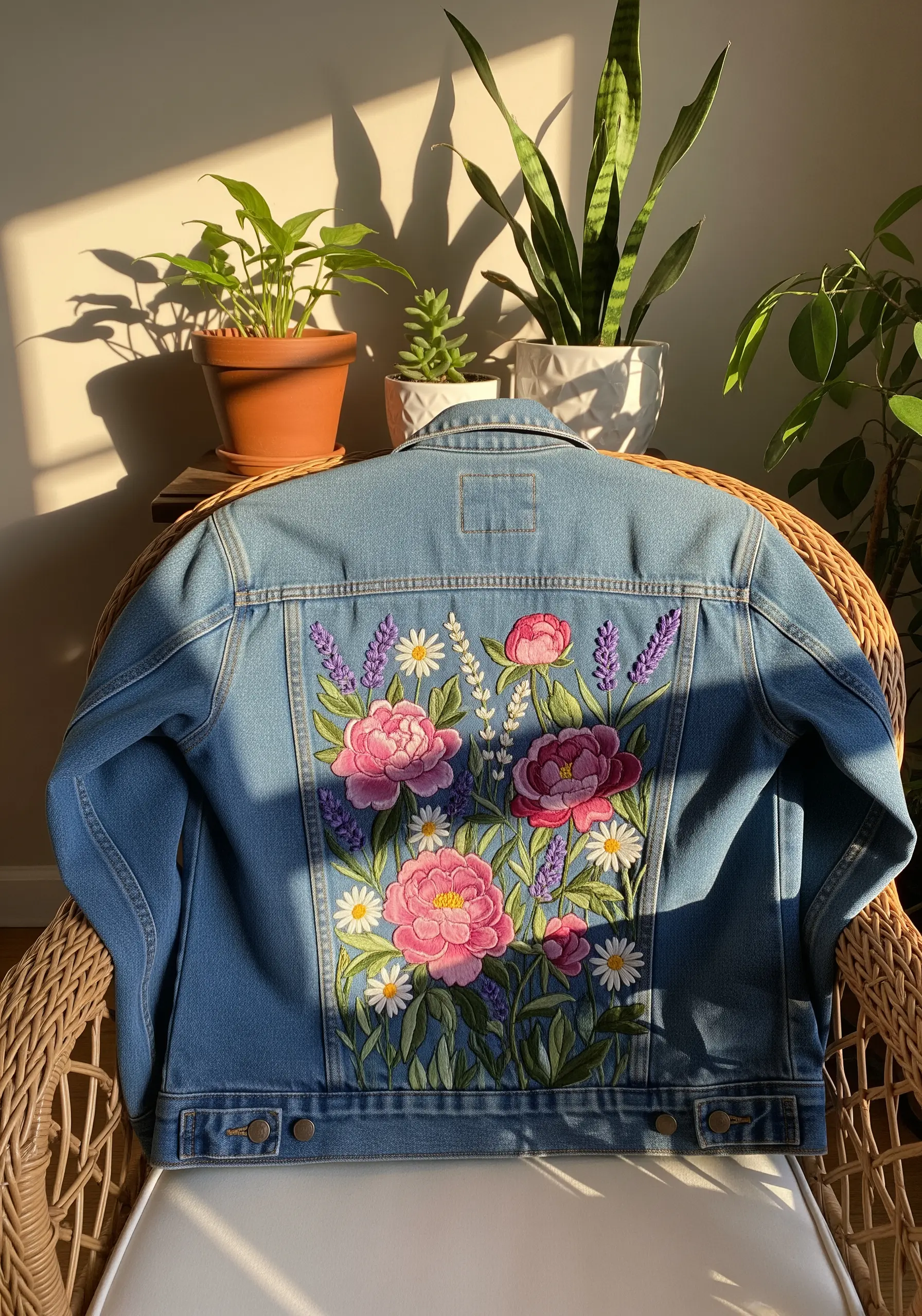 The back of a denim jacket featuring a large, vibrant embroidered bouquet of peonies and daisies.