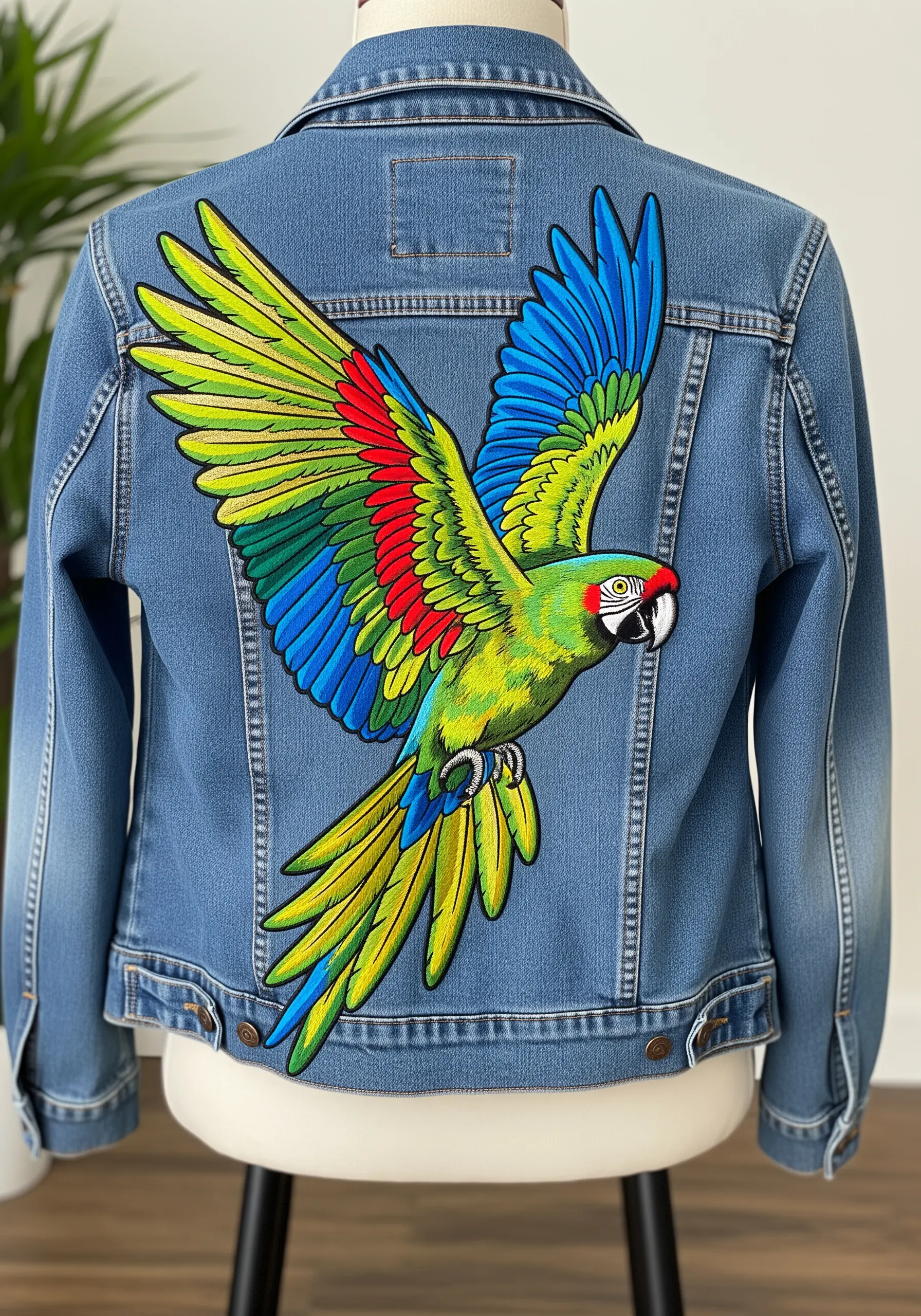 A large, brightly colored macaw patch embroidered on the back of a denim jacket.