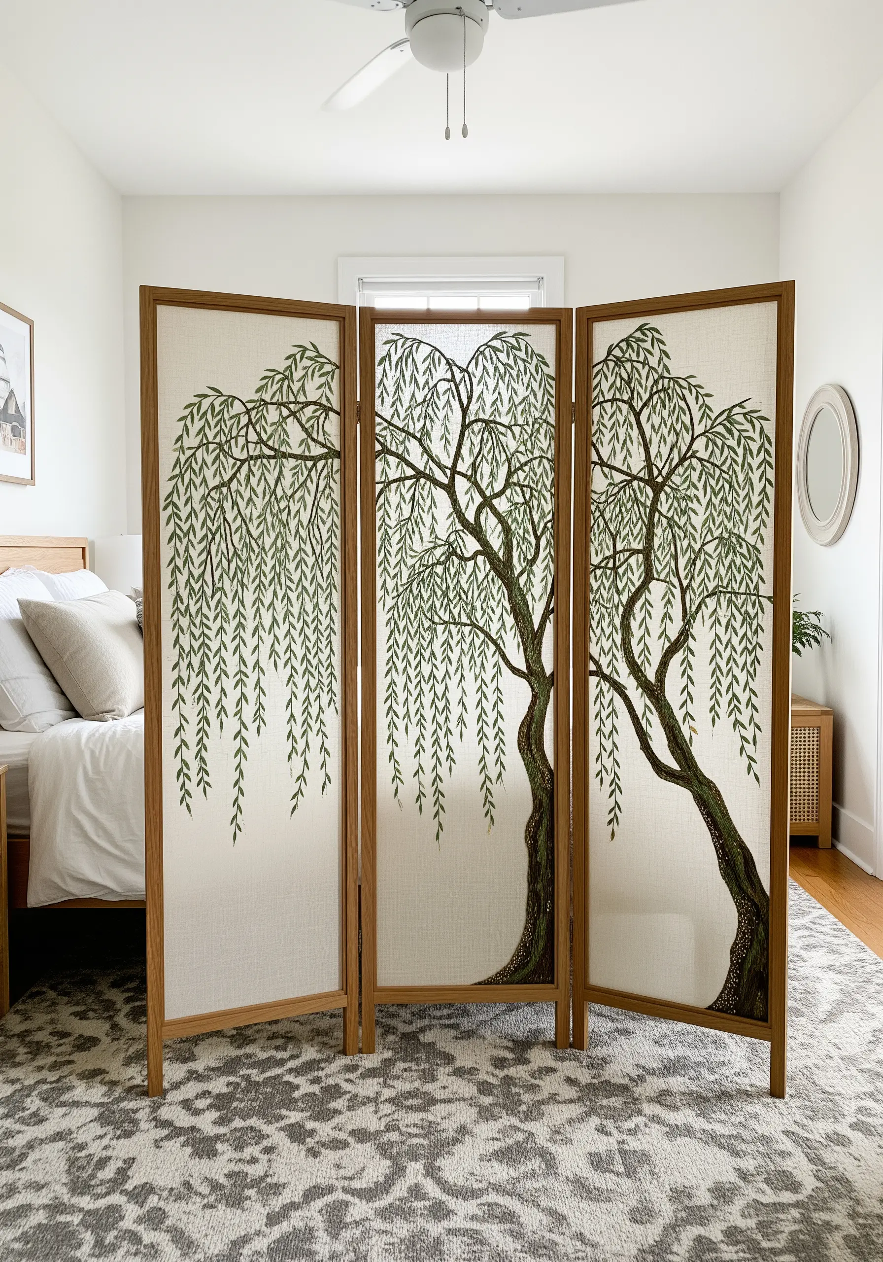 A three-panel room divider with a large weeping willow tree embroidered across it.