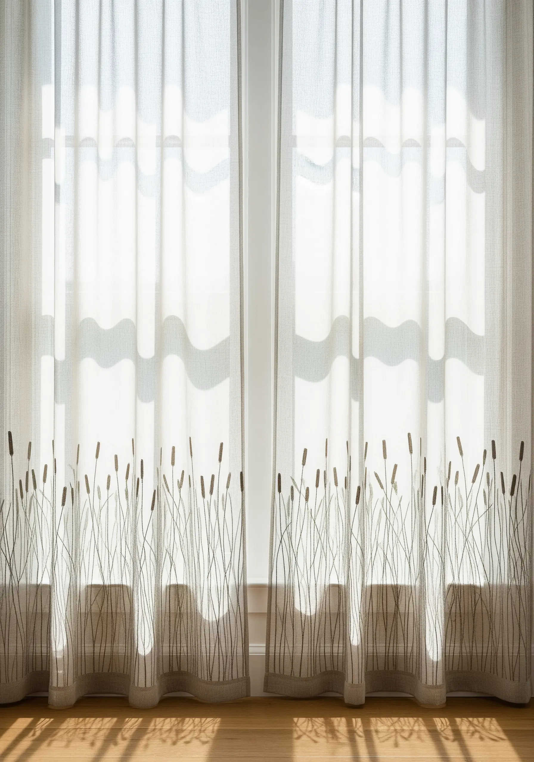 A border of embroidered cattails along the bottom of sheer white curtains.