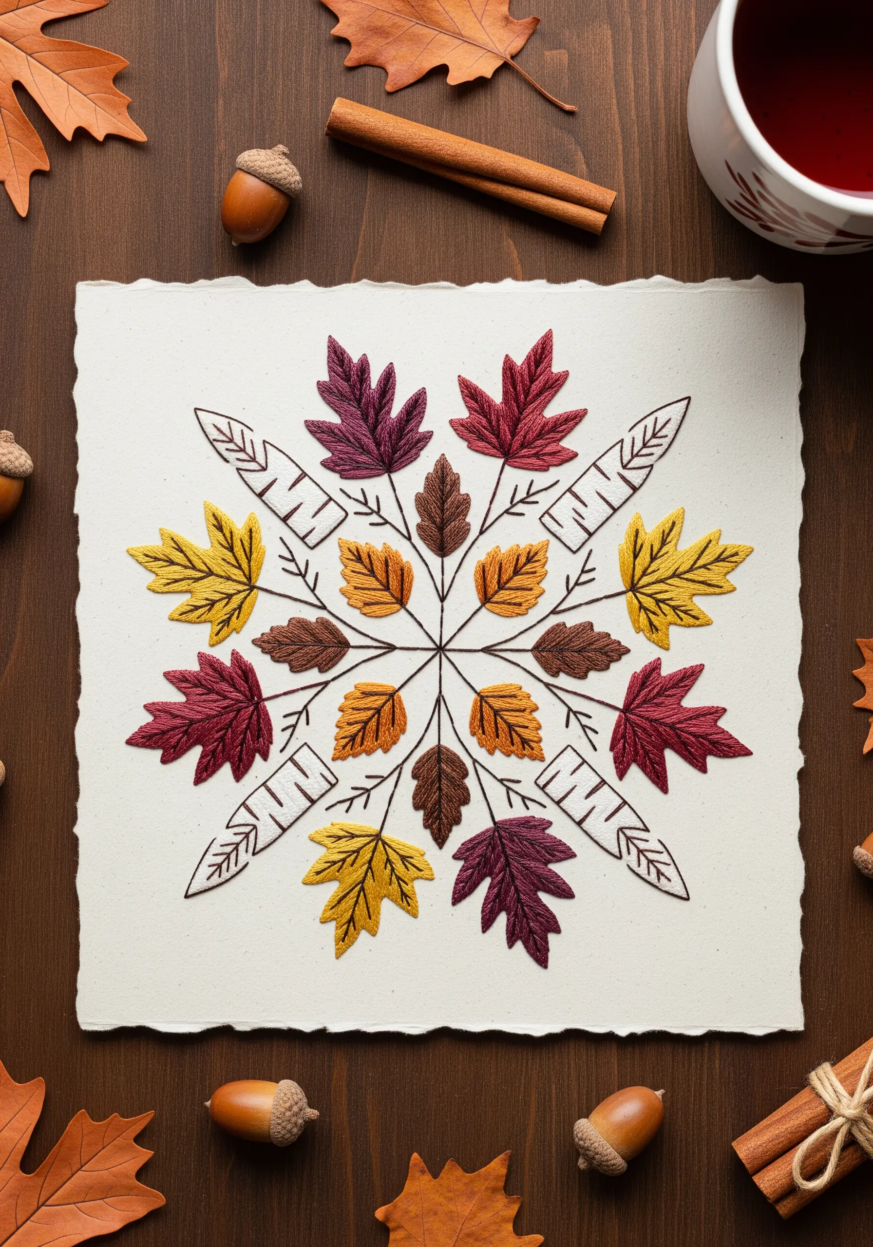 A symmetrical autumn mandala with satin-stitched leaves and outlined carrots on textured paper.