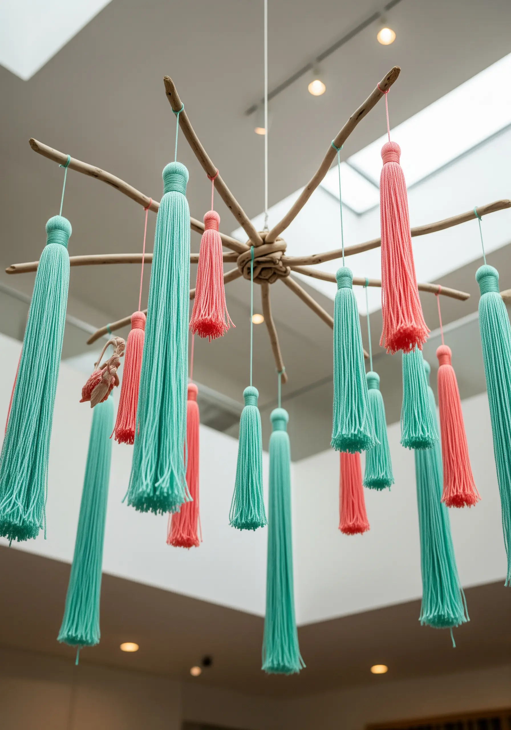 A hanging mobile made from a natural branch structure with long coral and teal tassels.