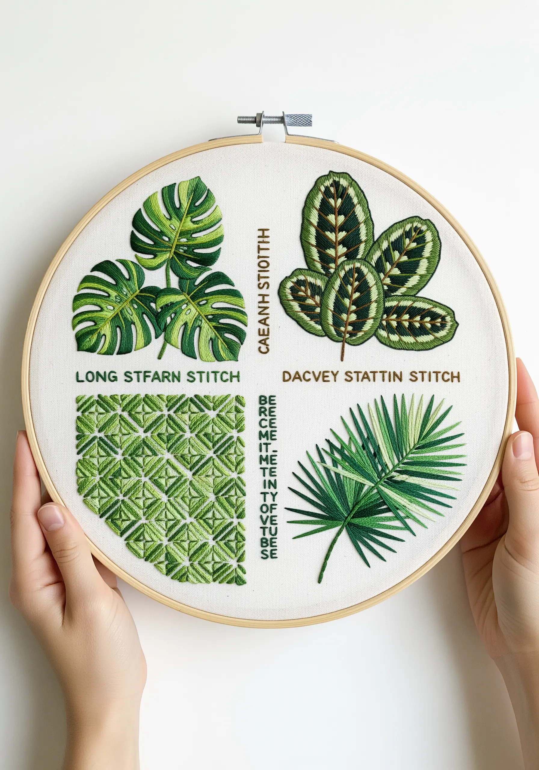 A four-quadrant embroidery sampler showcasing different leaf stitch techniques.
