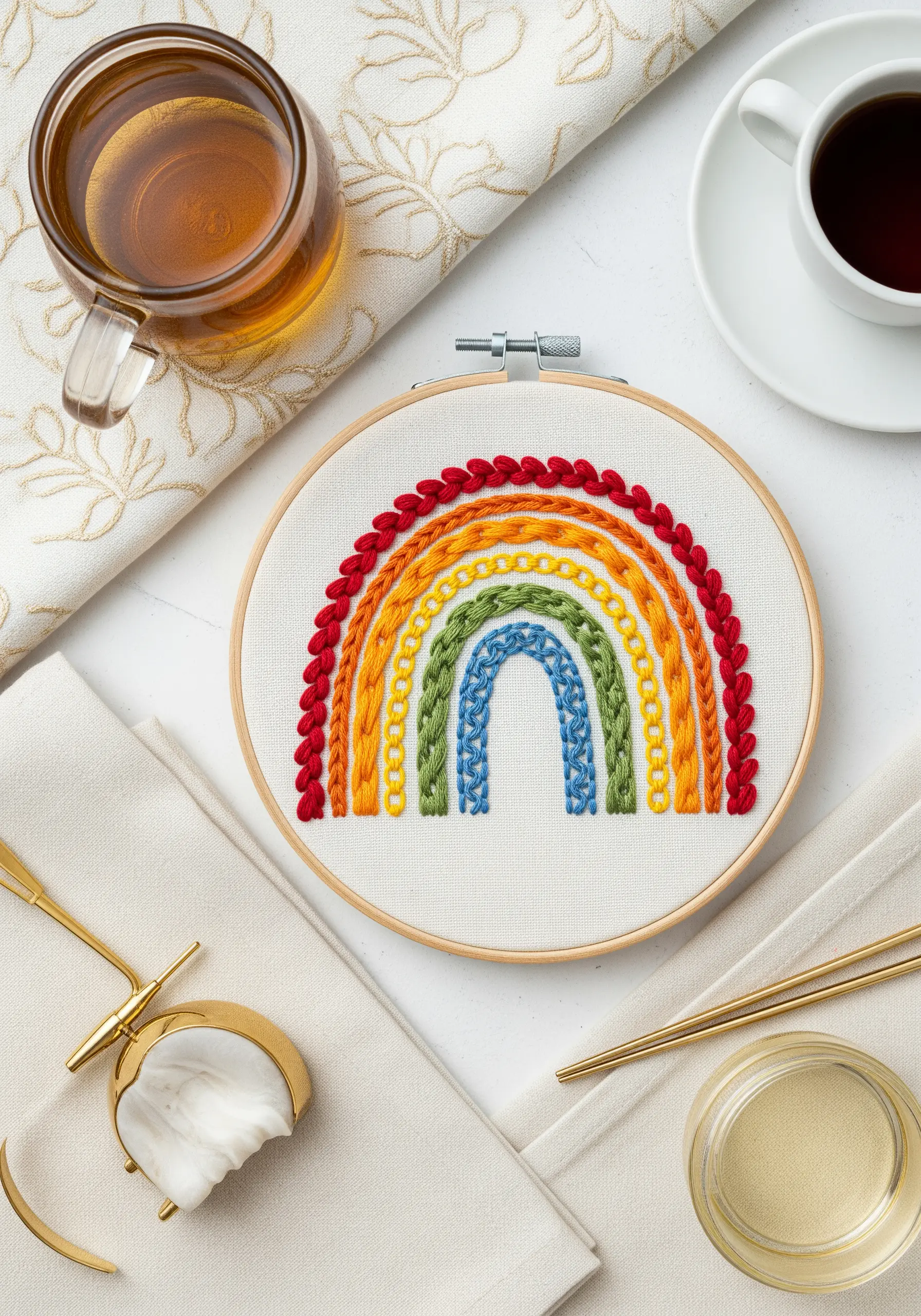 A rainbow embroidered with a different textured stitch for each color band.
