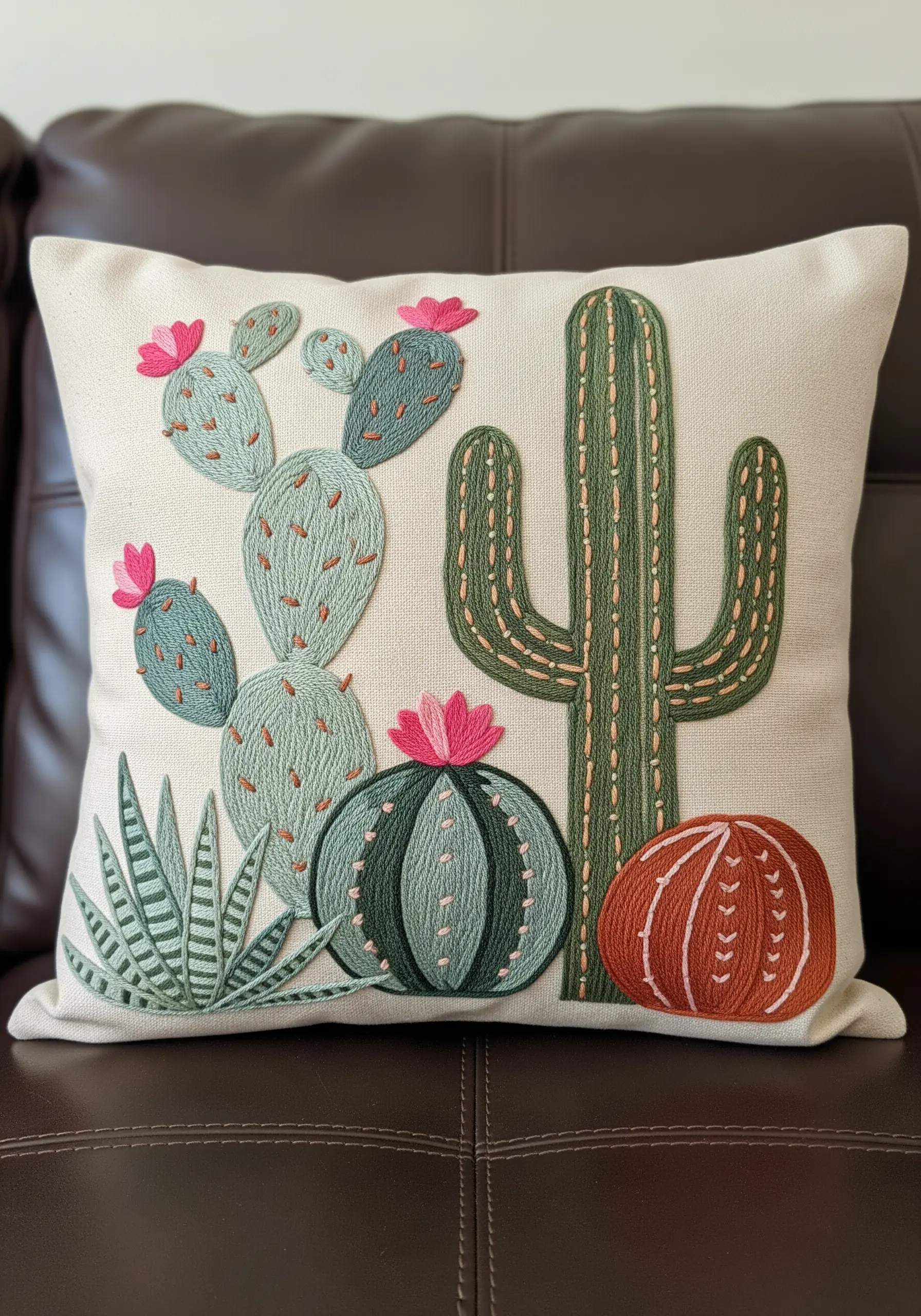 A collection of embroidered cacti using different textural fill stitches on a cream pillow.