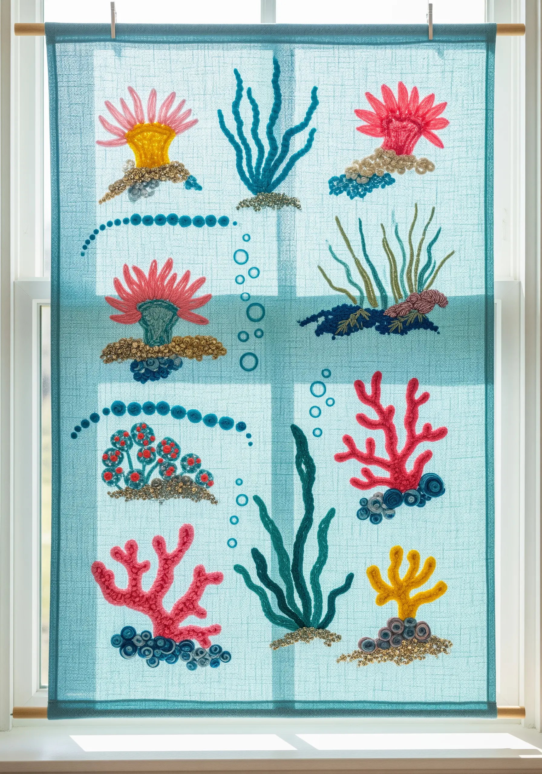 An embroidered window curtain featuring colorful coral, seaweed, and ocean textures.