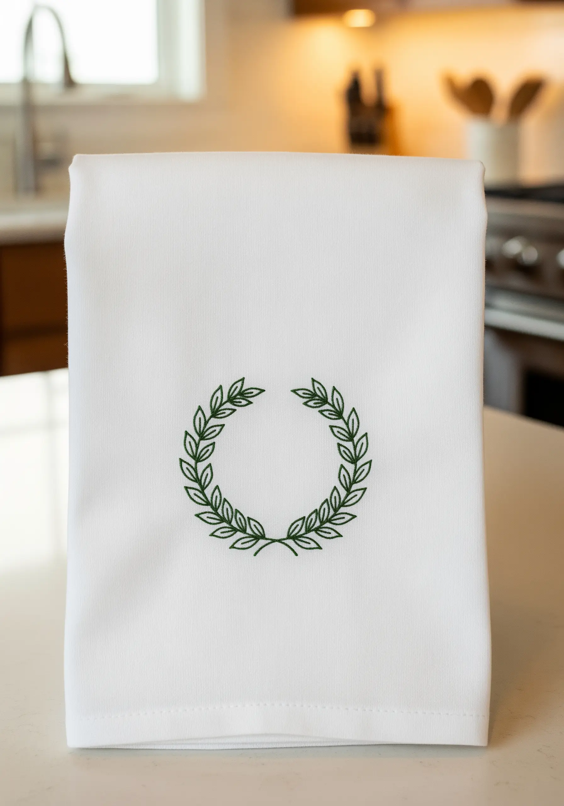 A perfectly symmetrical green laurel wreath embroidered on a crisp white kitchen towel.