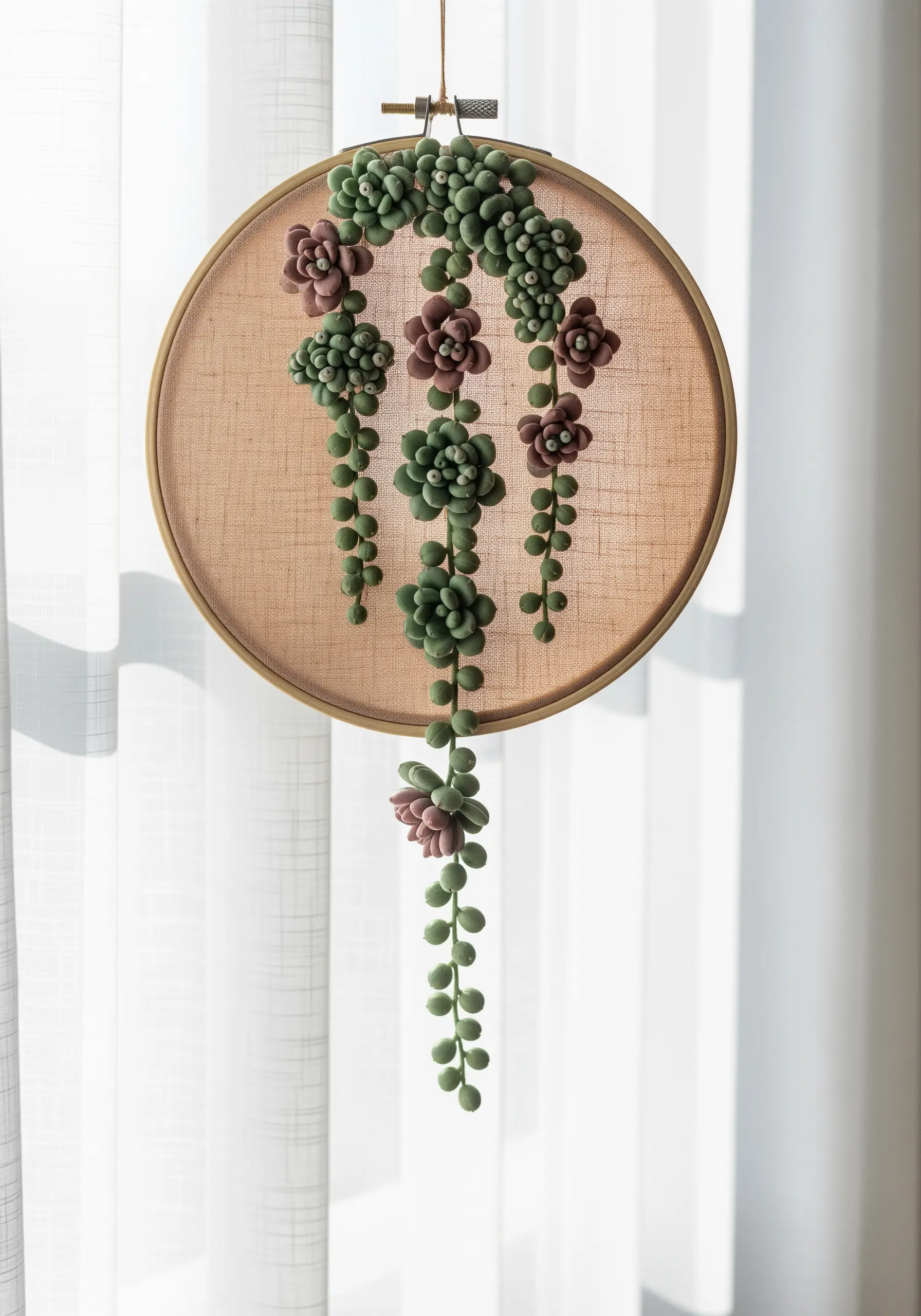A 3D embroidered string of pearls succulent trailing down from the hoop.