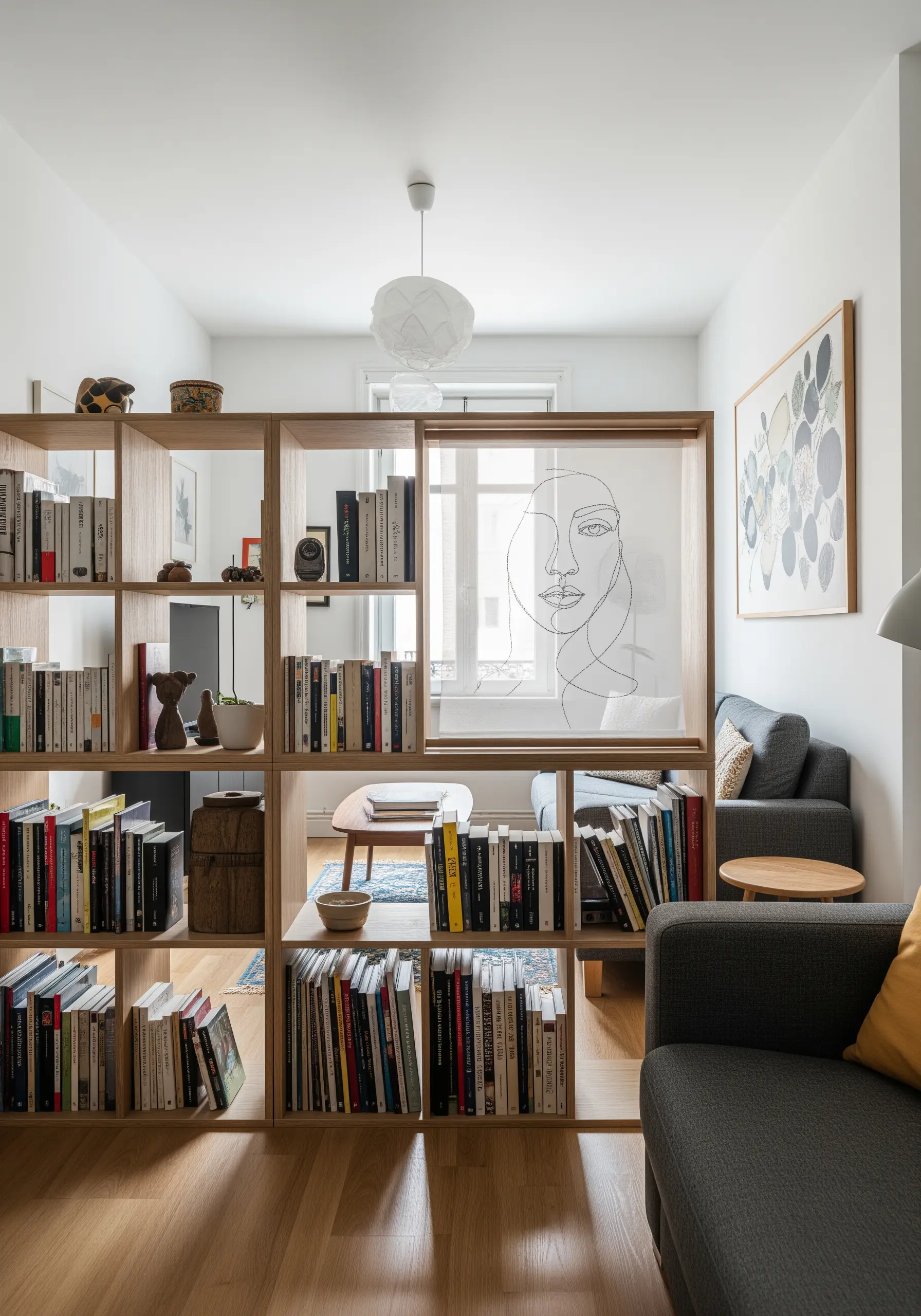 A large, sheer fabric panel embroidered with a line-art face, acting as a room divider in a bookshelf.