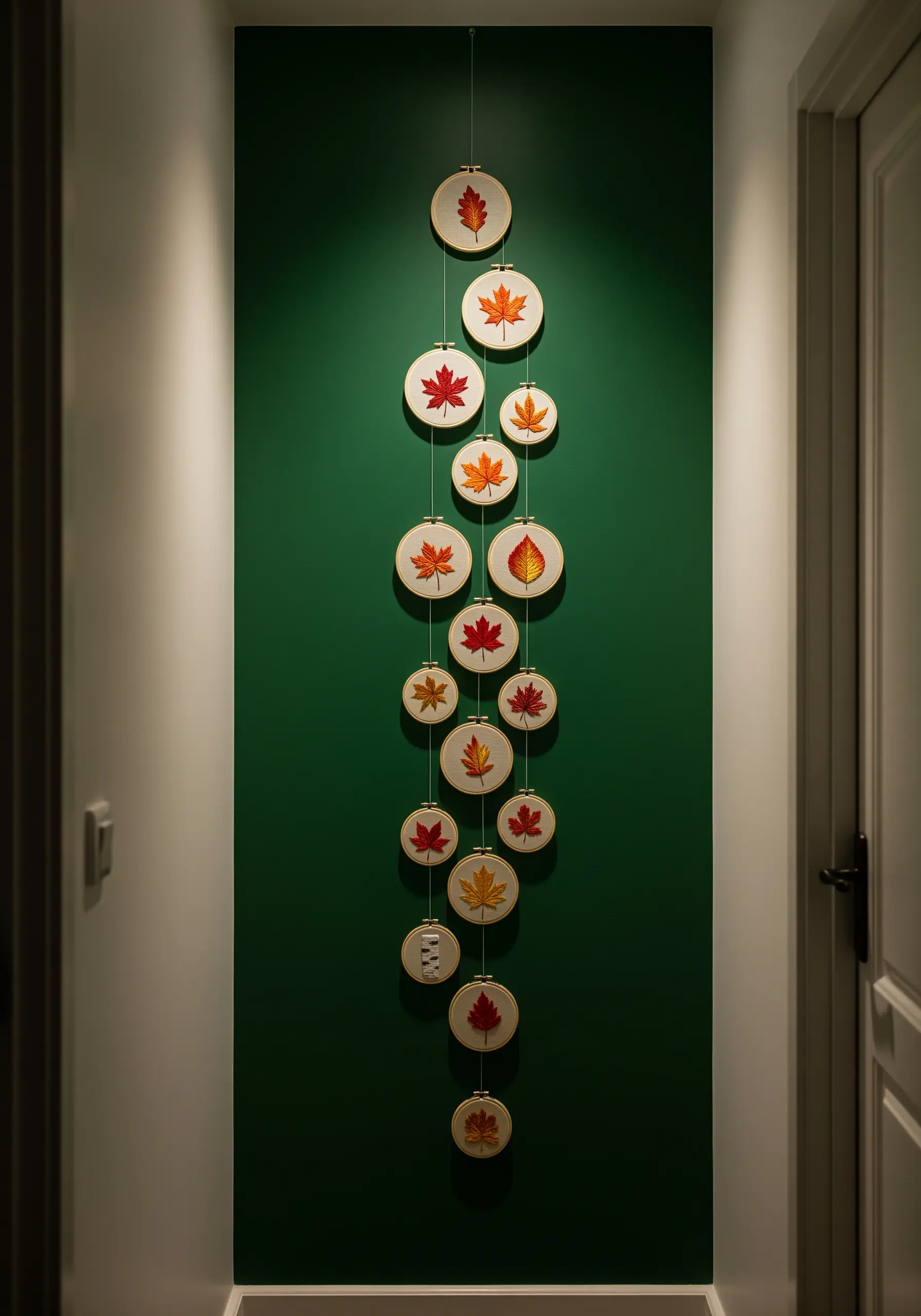 A vertical cascade of small embroidery hoops, each with an autumn leaf, hanging against a dark green wall.