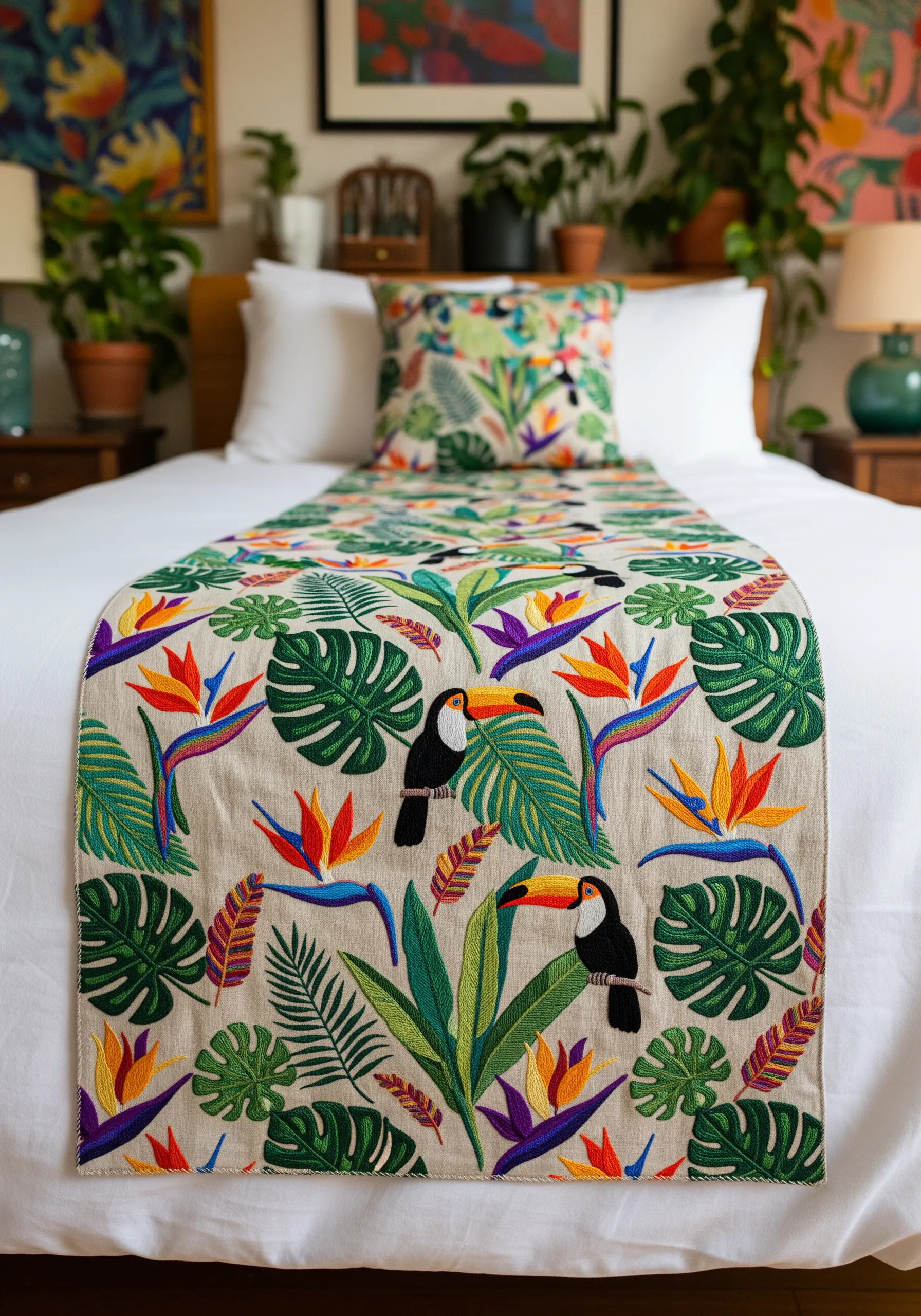 A linen bed runner with densely embroidered toucans, monstera leaves, and birds of paradise.