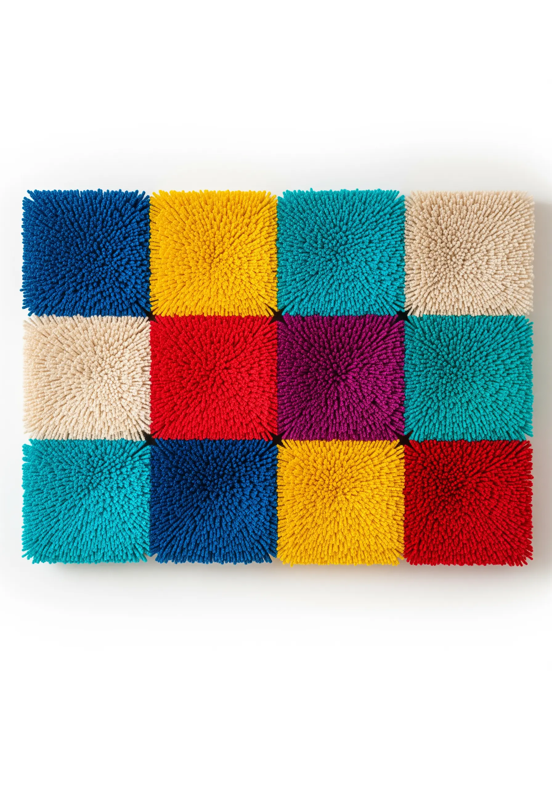 A grid of twelve plush, tufted squares in vibrant colors like blue, yellow, red, and teal.