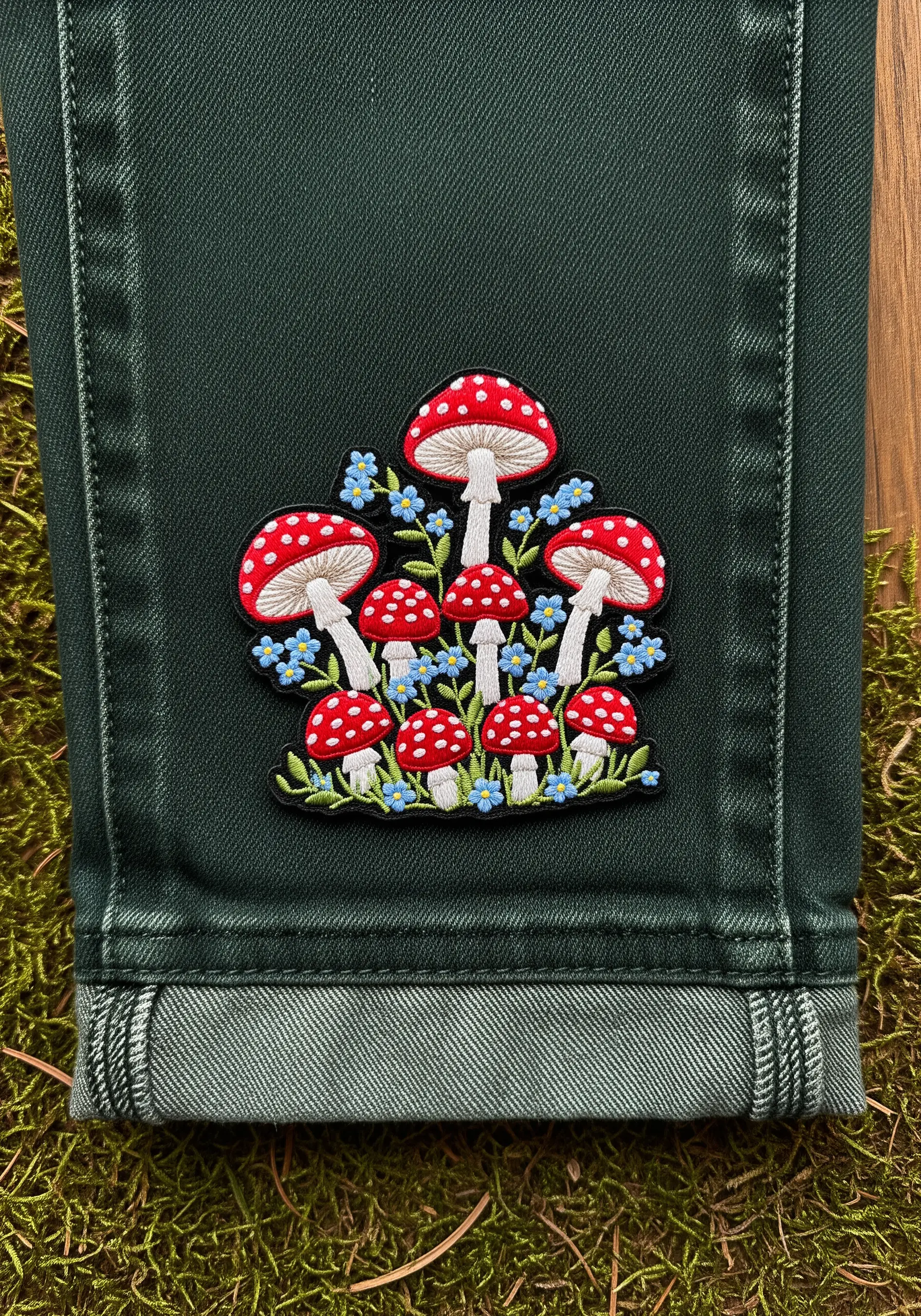 A whimsical patch of red and white toadstool mushrooms and blue flowers on dark green jeans.