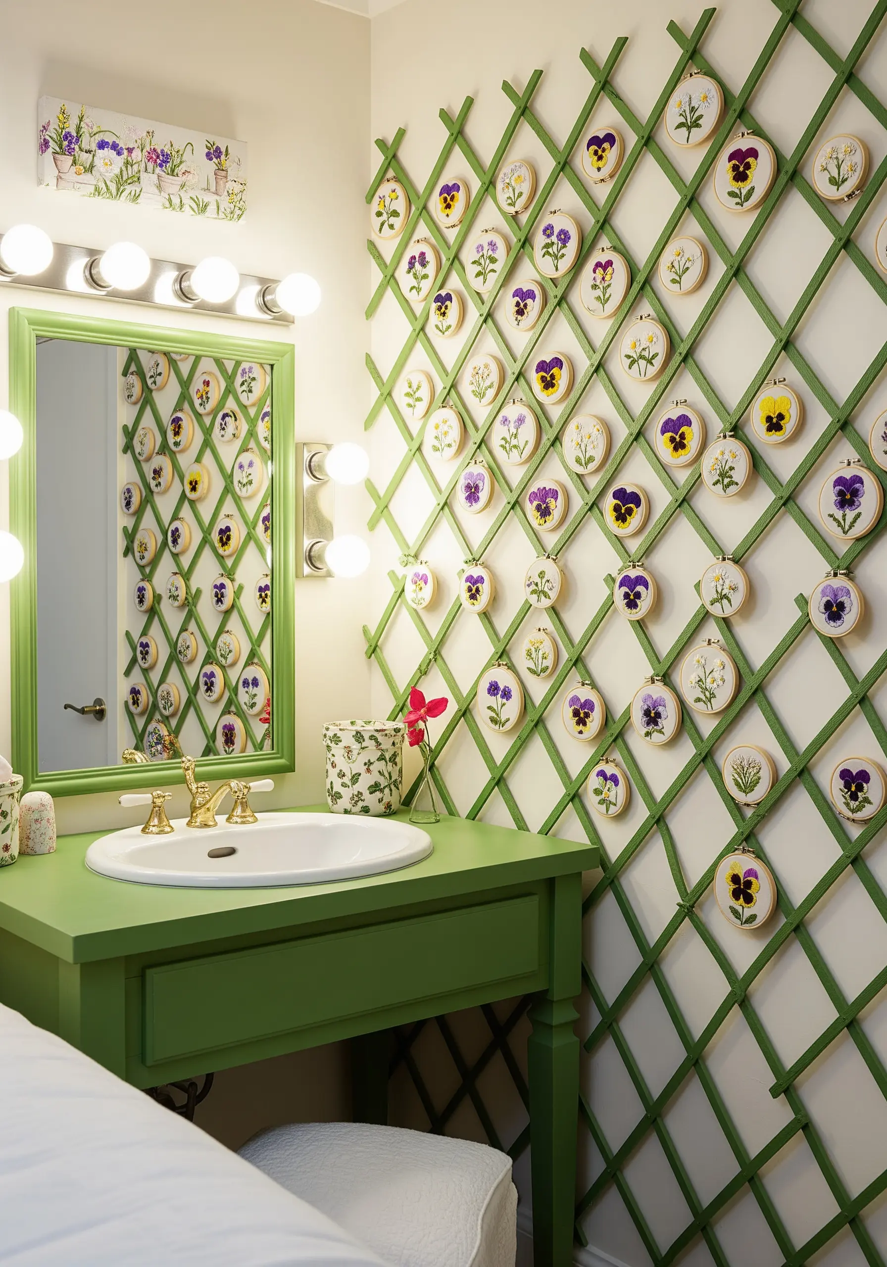 A wall-sized green trellis decorated with dozens of small embroidery hoops of pansies.