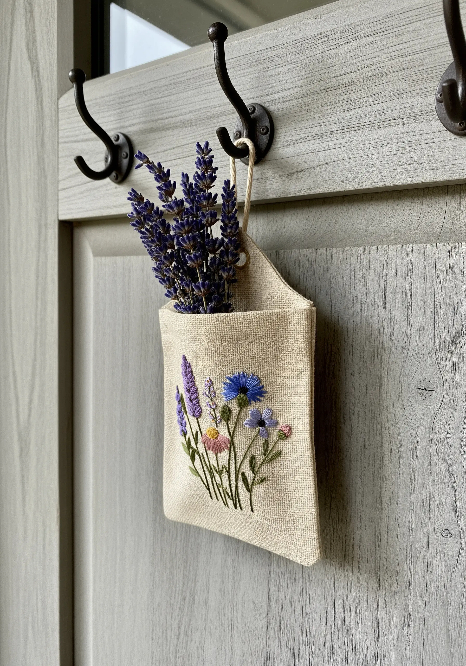 A small hanging fabric pouch embroidered with a colorful bouquet of wildflowers like lavender and cornflowers.