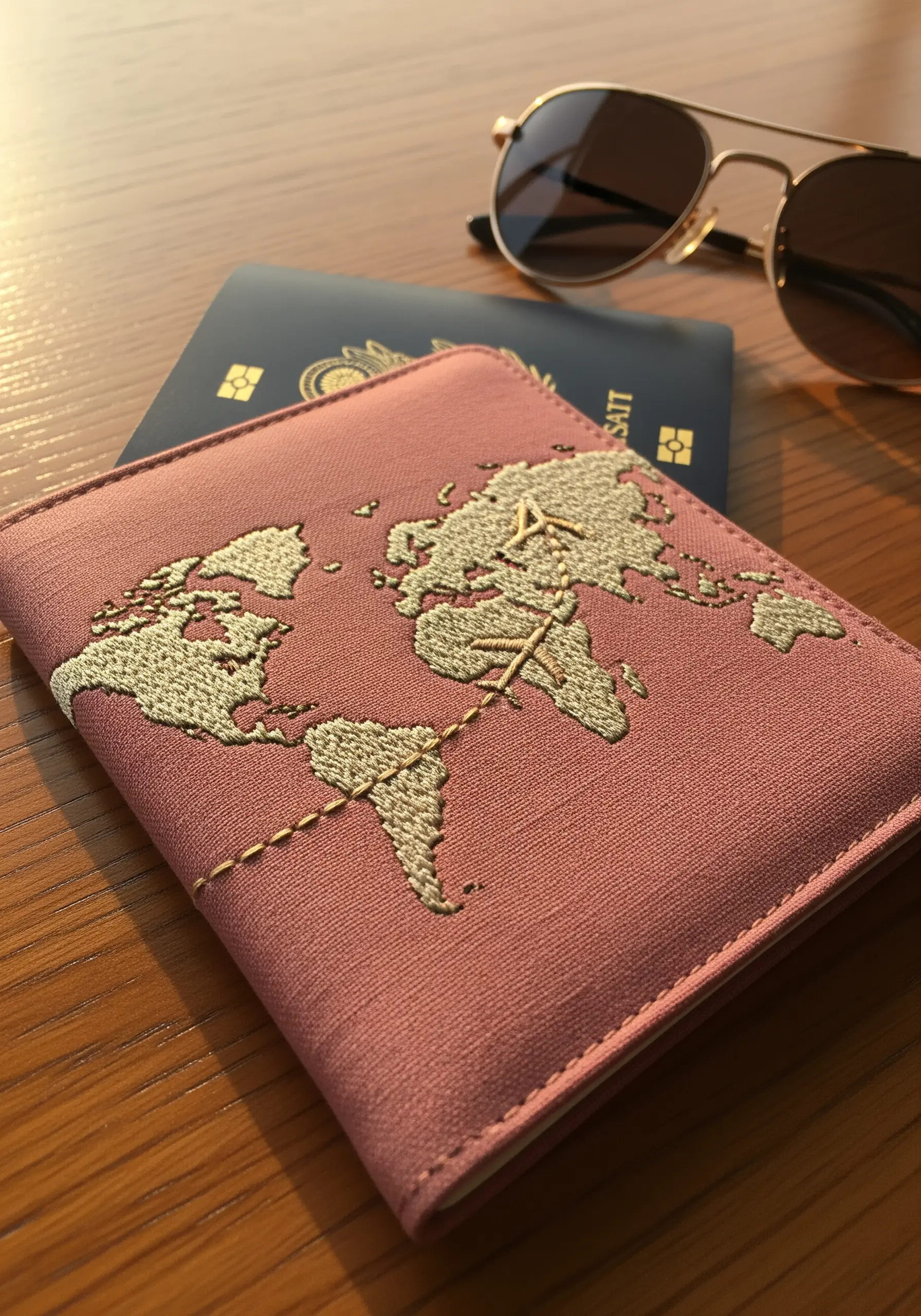 A pink passport holder featuring a world map embroidered with a textured fill stitch.
