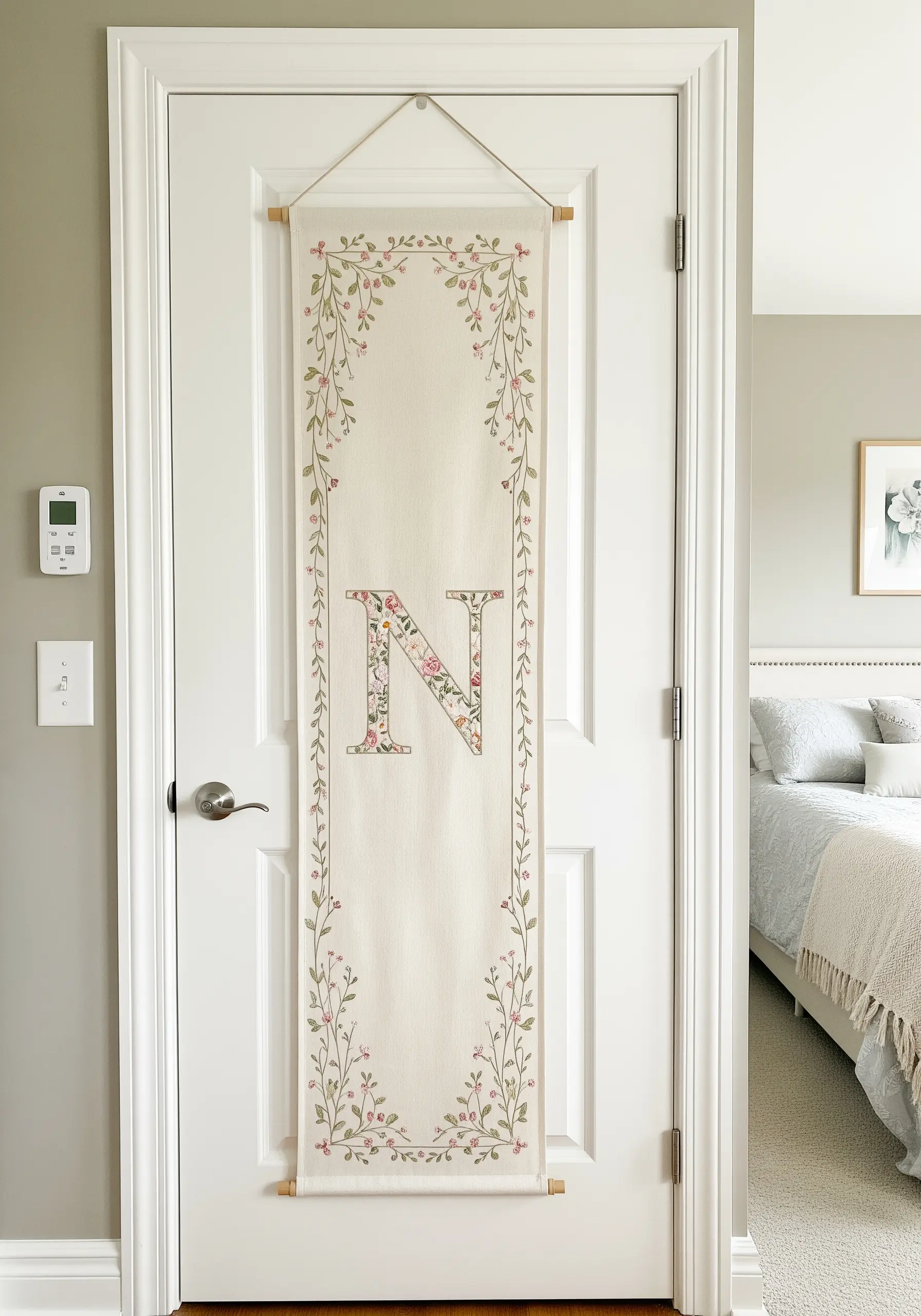 A long linen wall banner with a floral-filled monogram 'N' and a delicate vine border.