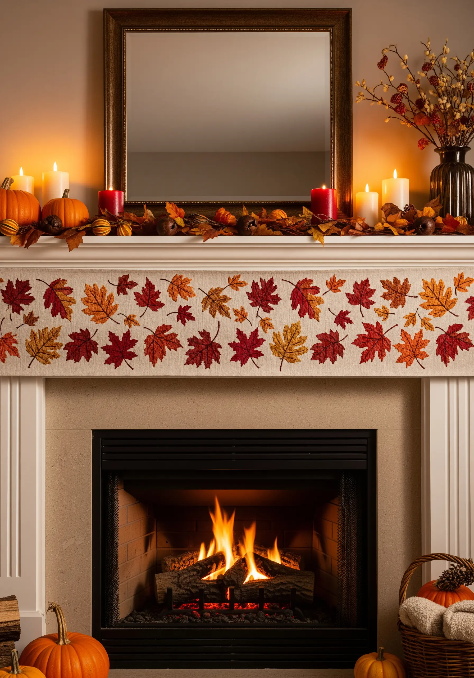 Fireplace mantle runner embroidered with a border of red, orange, and yellow autumn leaves.