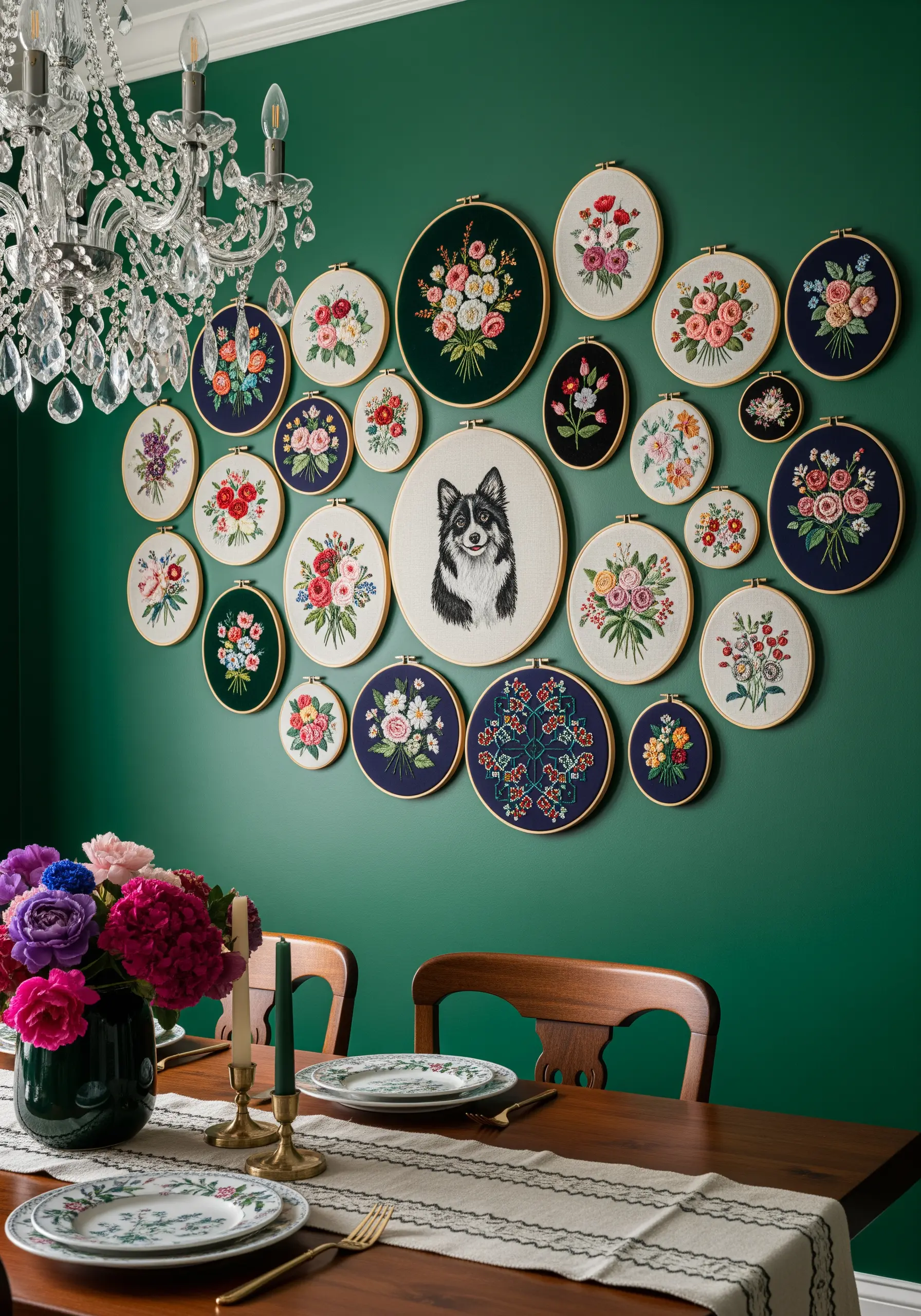 A large gallery wall of floral embroidery hoops of different sizes, with a dog portrait at the center.