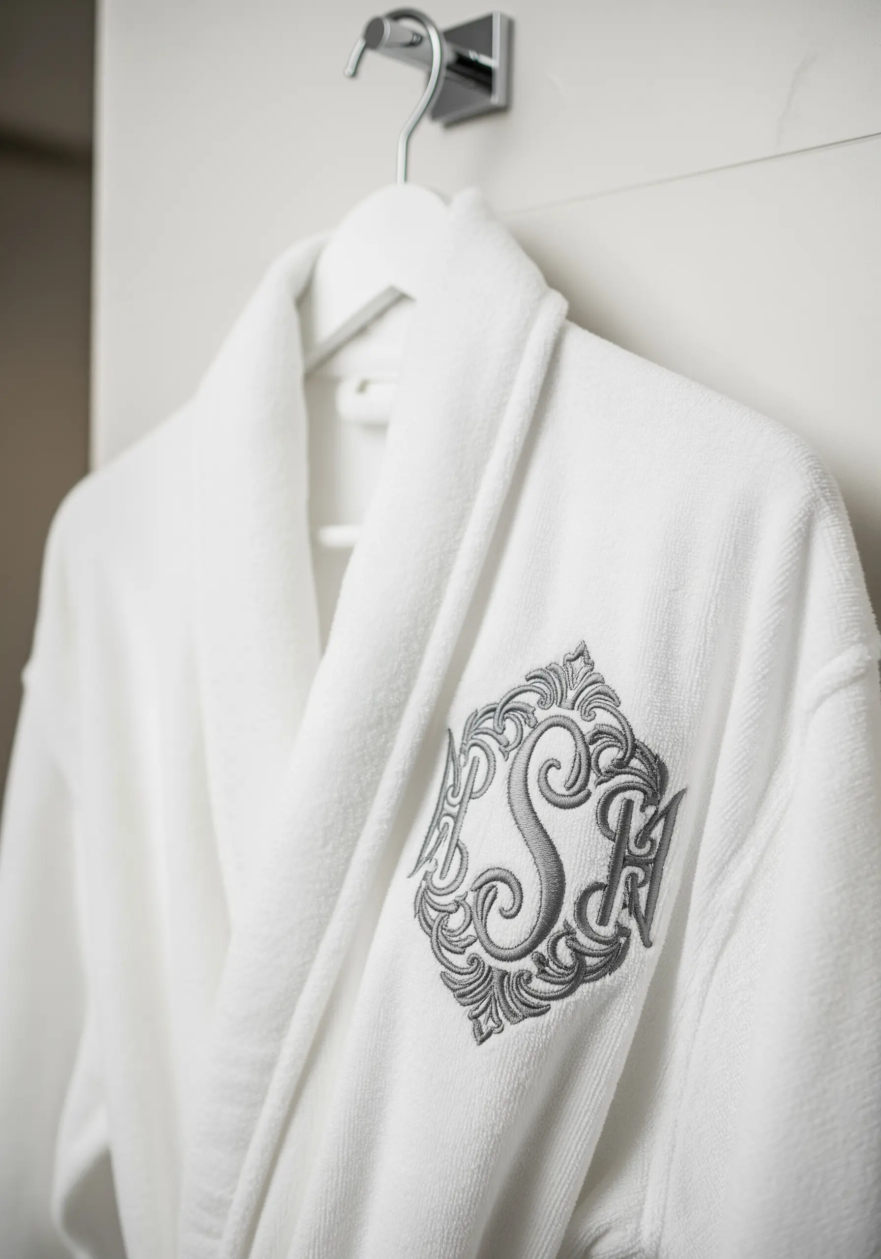 An ornate silver-gray monogram embroidered on the chest of a plush white terrycloth bathrobe.