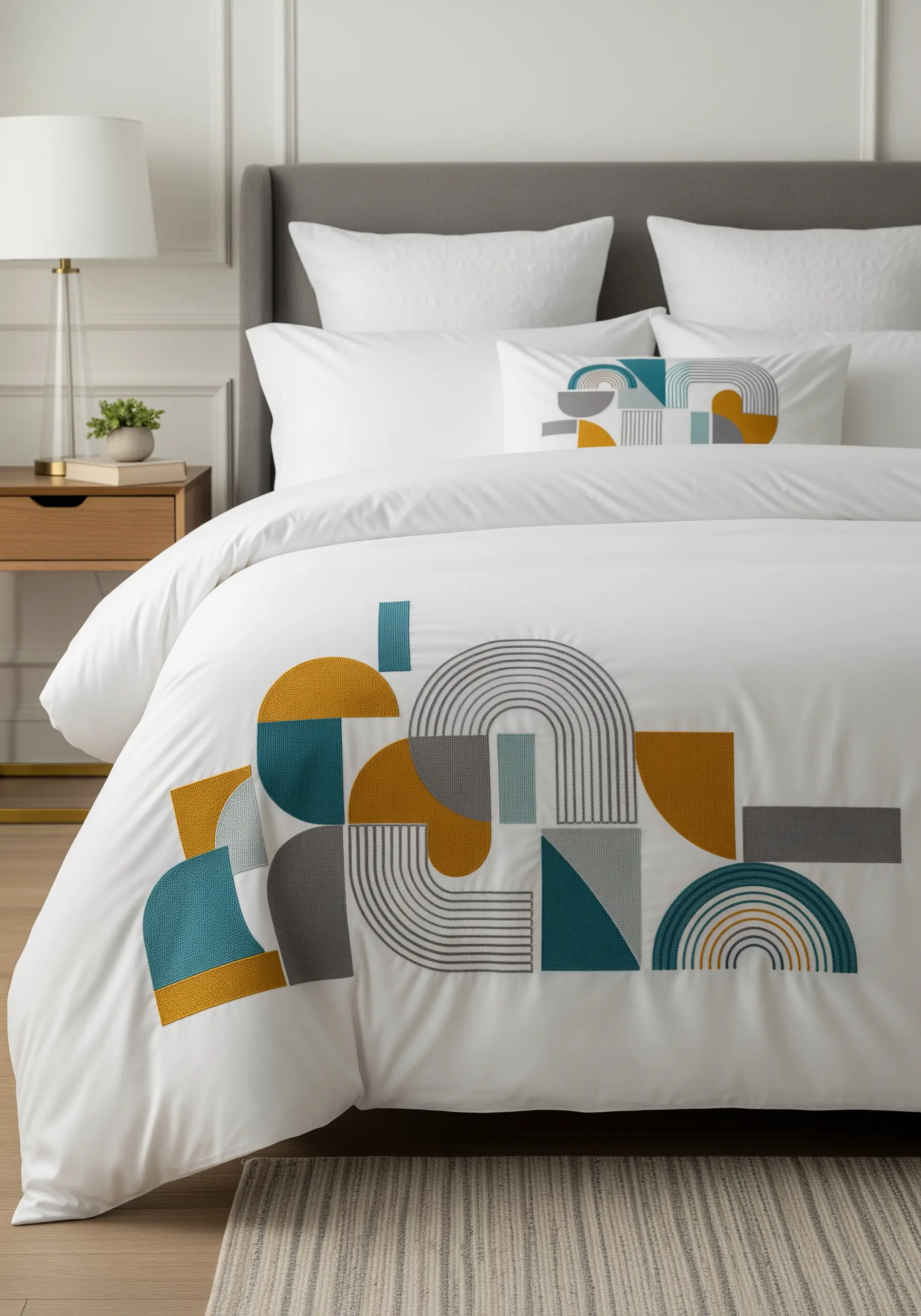 A white duvet cover with a large, abstract geometric pattern in gold, blue, and grey.