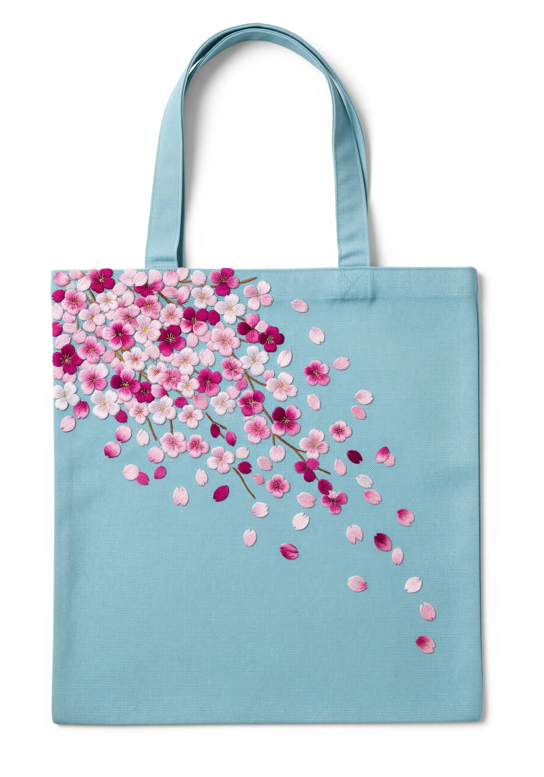 Cherry blossoms embroidered on a blue tote bag, with petals cascading down the fabric.