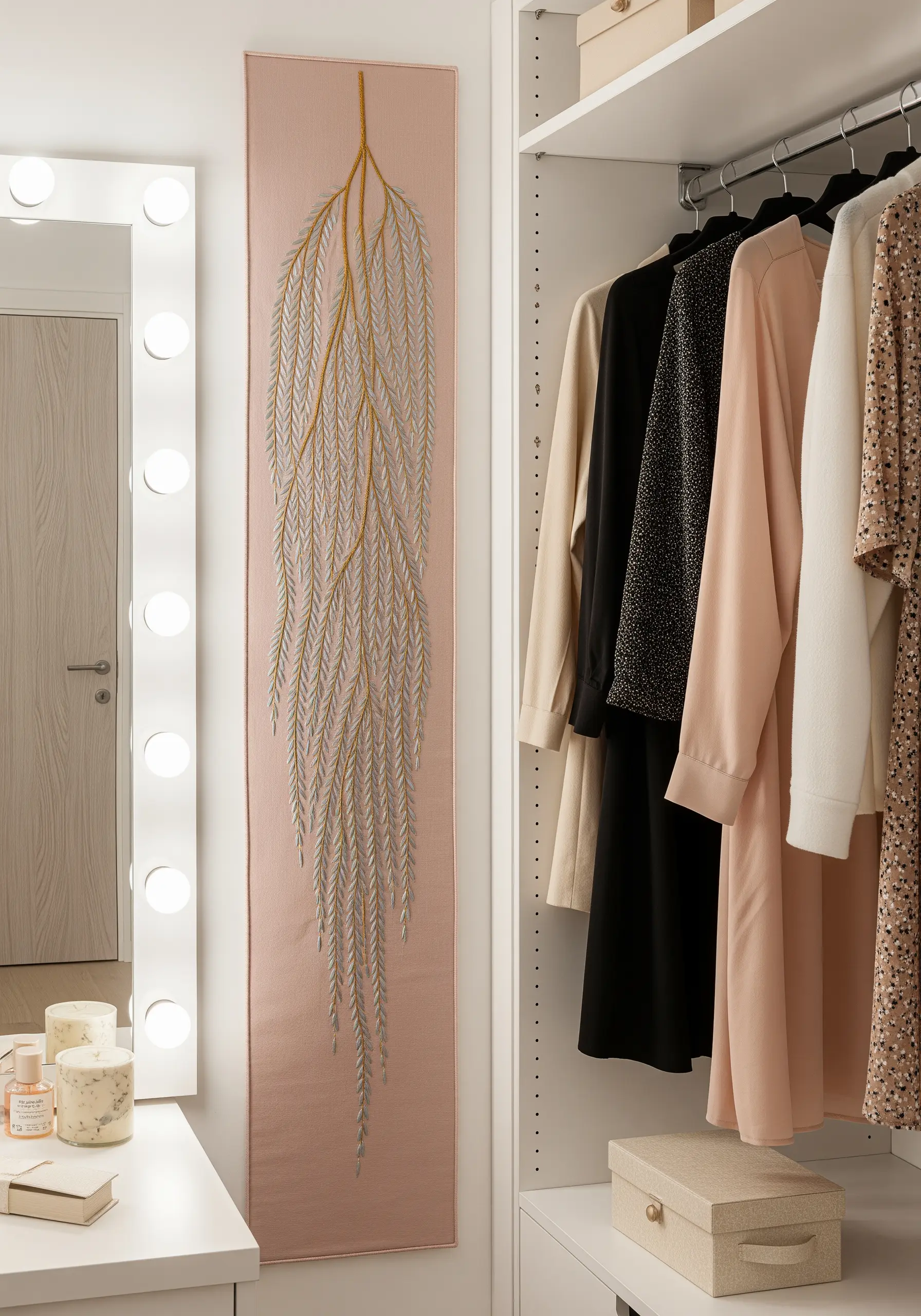 A long vertical embroidery of a weeping willow branch in silver and grey.