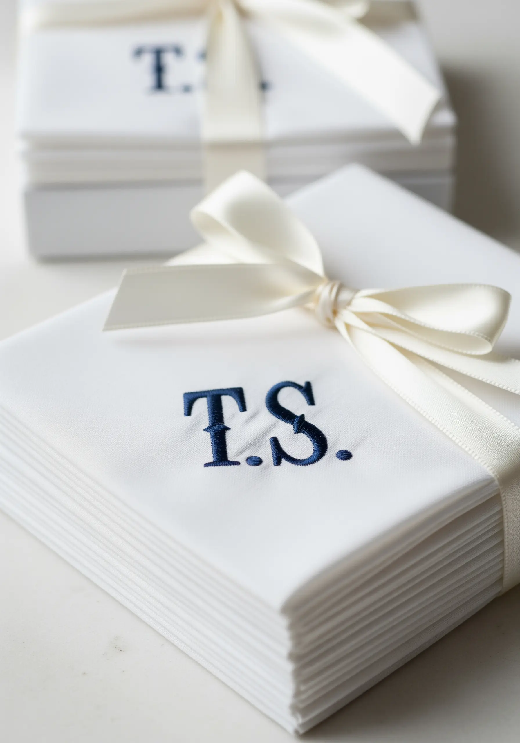 A stack of folded white napkins, each embroidered with a classic navy blue 'T.S.' monogram.