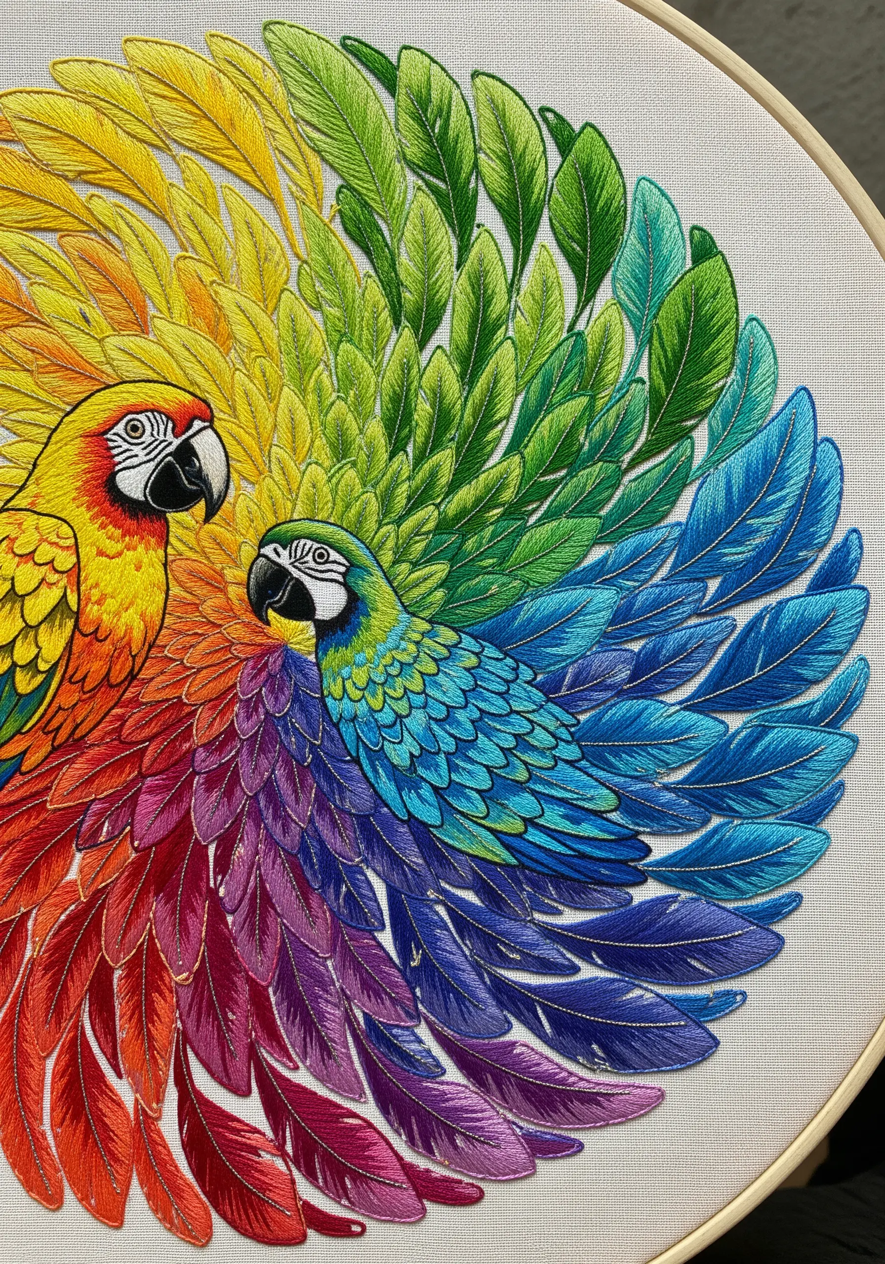 Two macaws facing each other, their feathers fanning out to form a rainbow color wheel.
