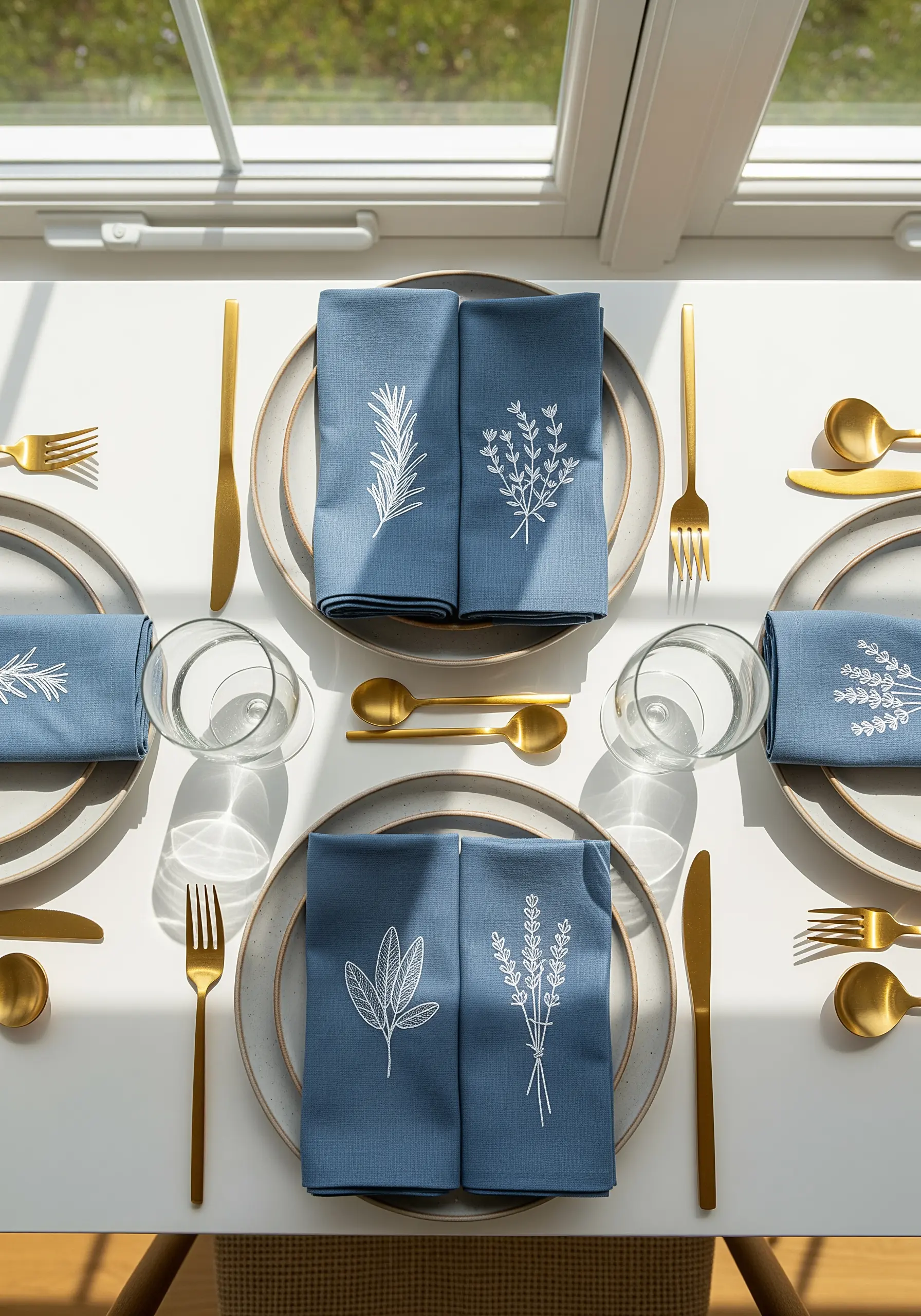 Blue linen napkins elegantly embroidered with white outlines of different herbs.