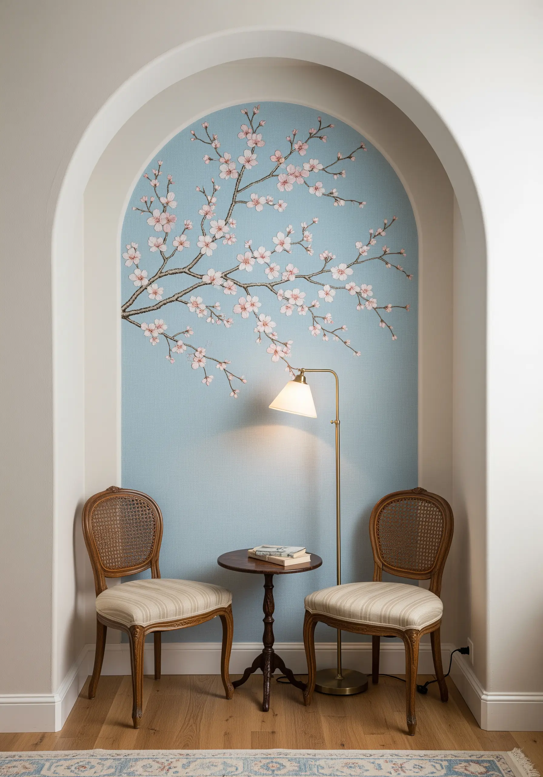 A delicate cherry blossom branch embroidered inside a graceful arched wall niche.