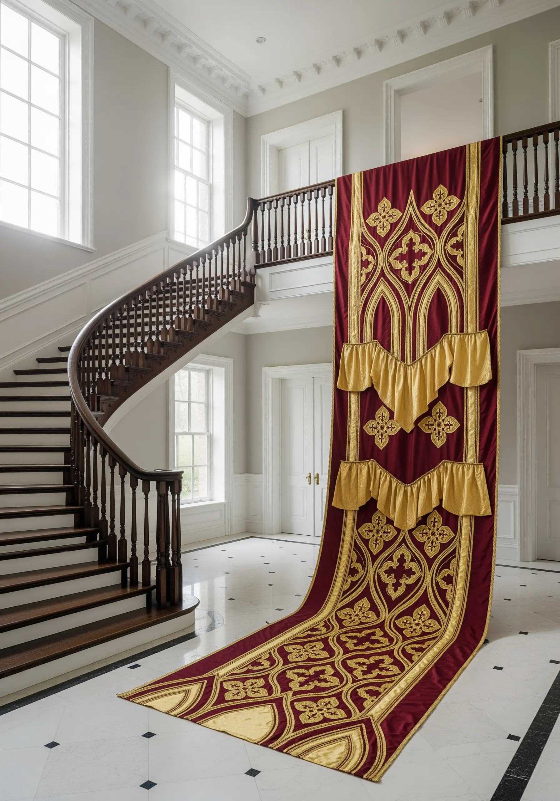 An enormous red and gold banner draped dramatically down a grand staircase.