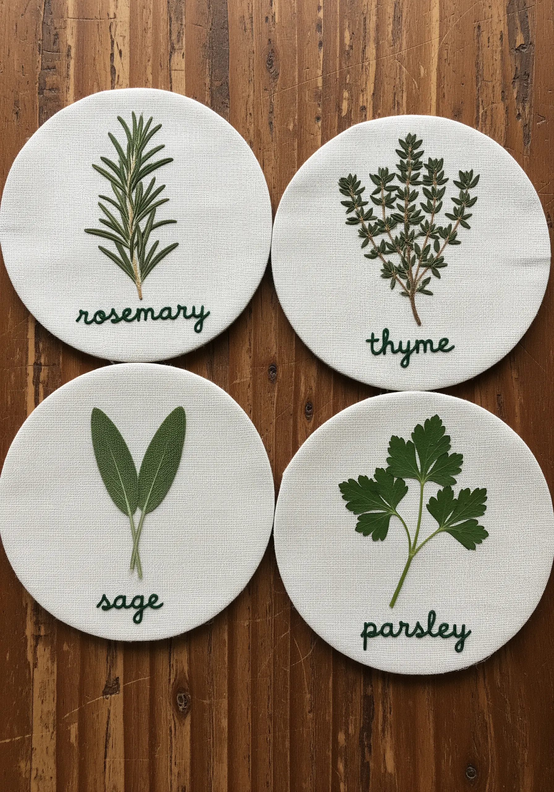 Four coasters, each featuring a pressed herb (rosemary, thyme, sage, parsley) and its embroidered name.
