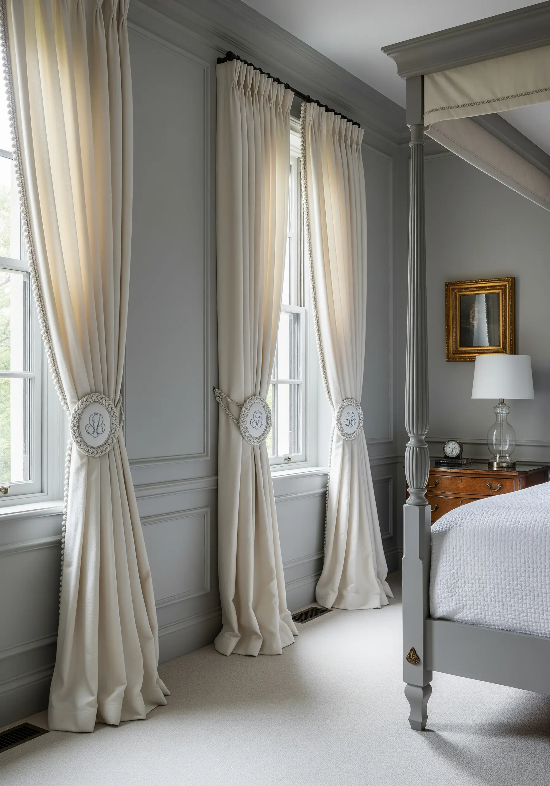 Ornate, circular monogrammed medallions used as elegant tie-backs for cream-colored curtains.