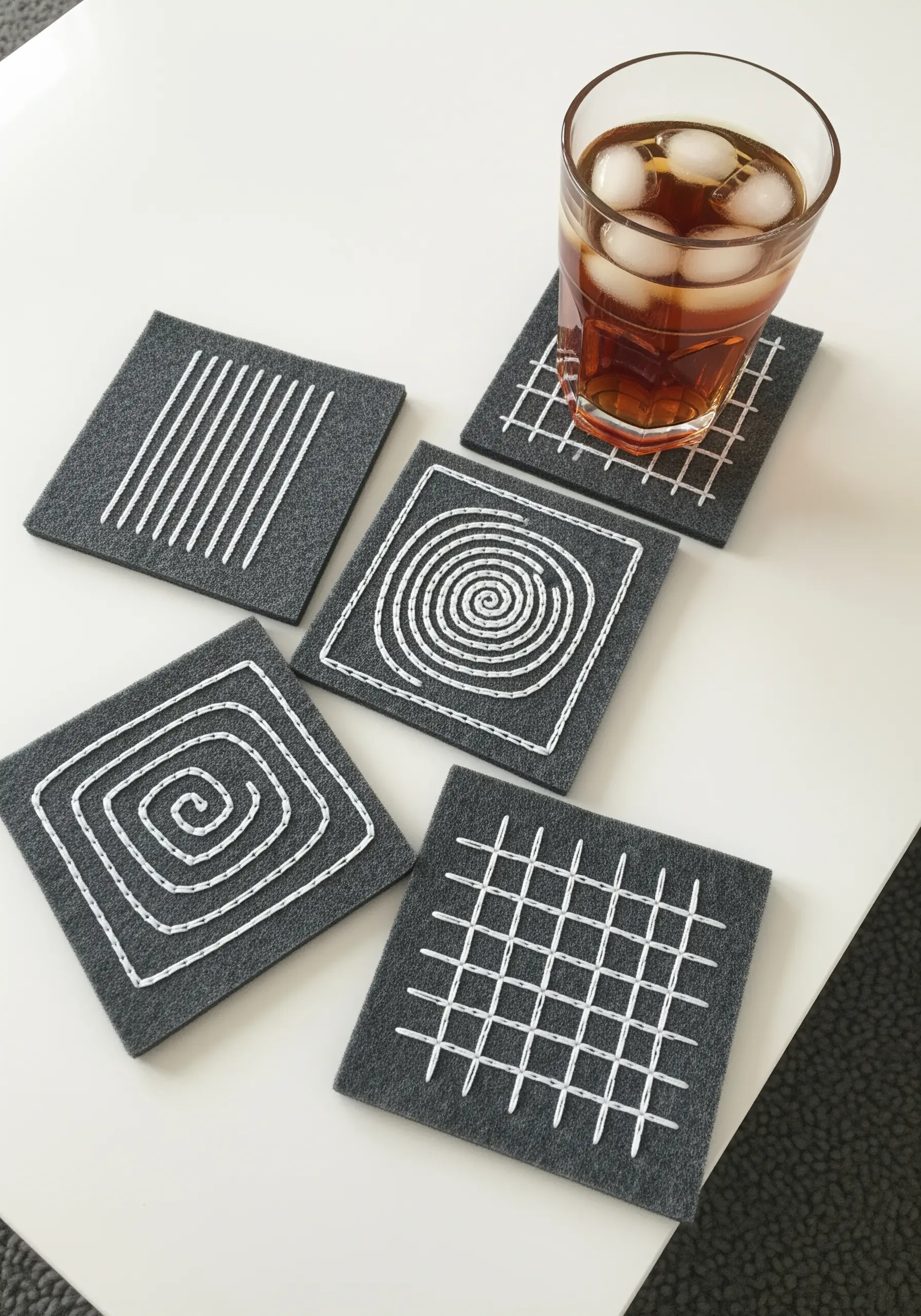 A set of five dark gray felt coasters, each with a different modern geometric pattern in white thread.