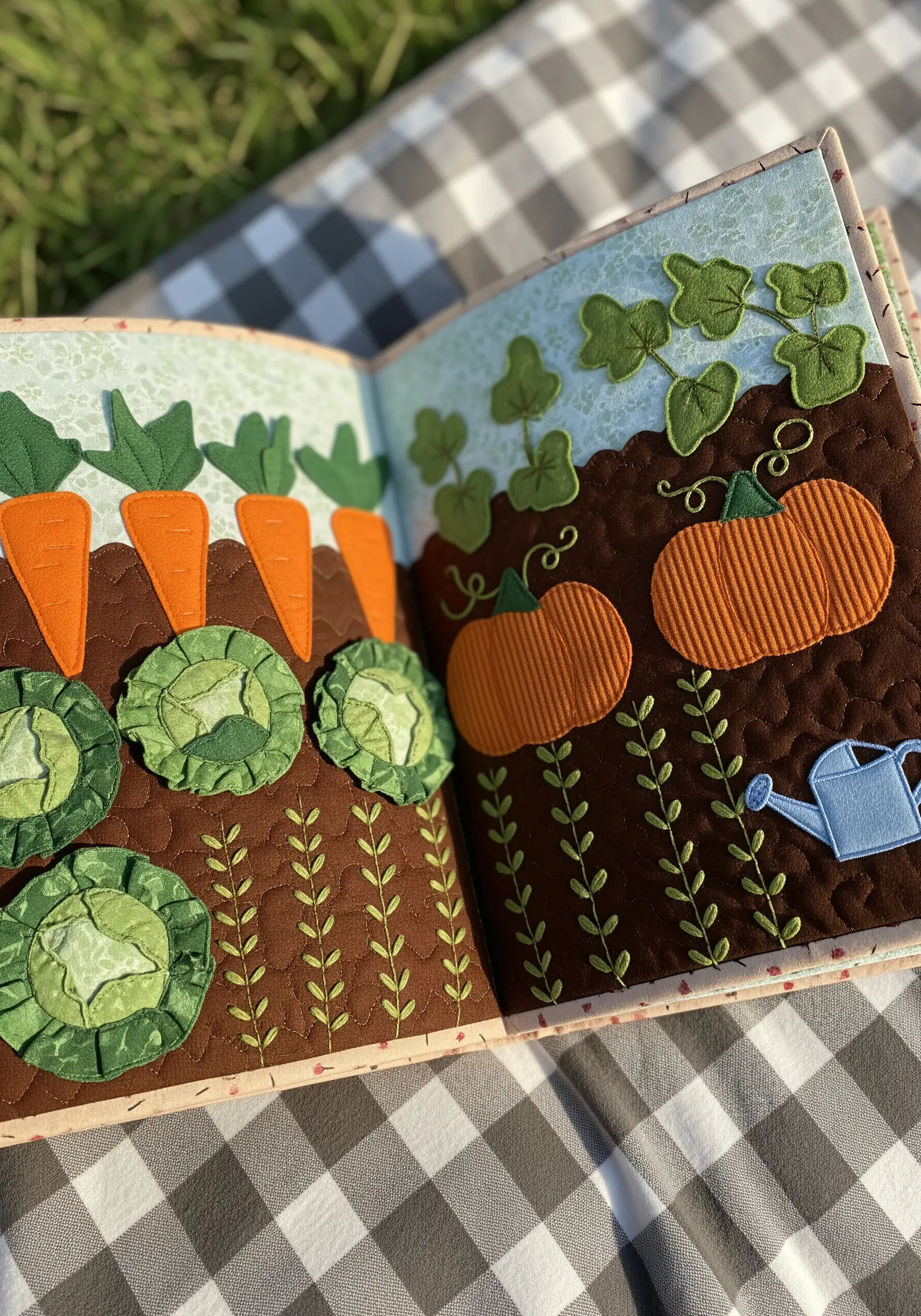 Fabric activity book page with puffy appliqué vegetables in a garden.