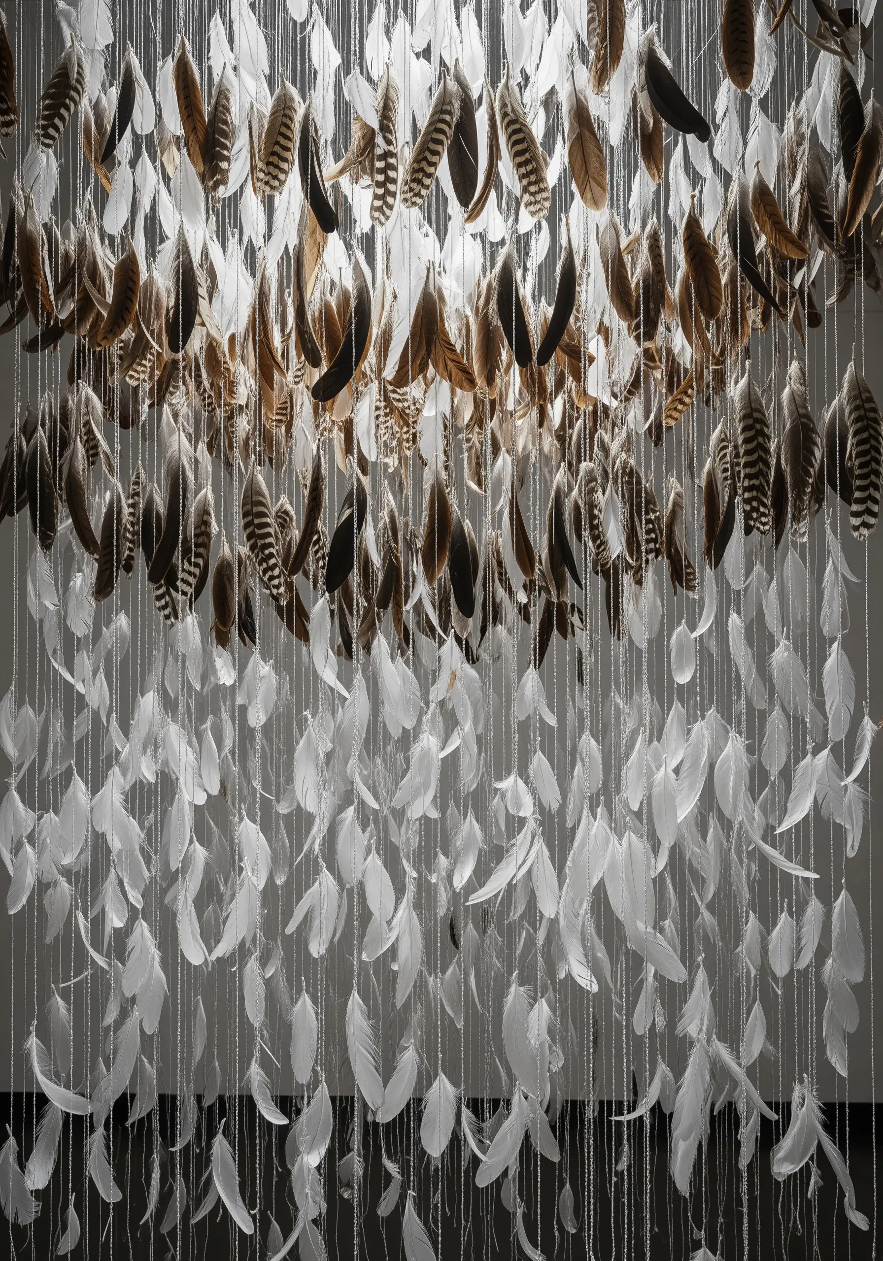 A hanging installation of hundreds of white and brown feathers suspended on fine threads.