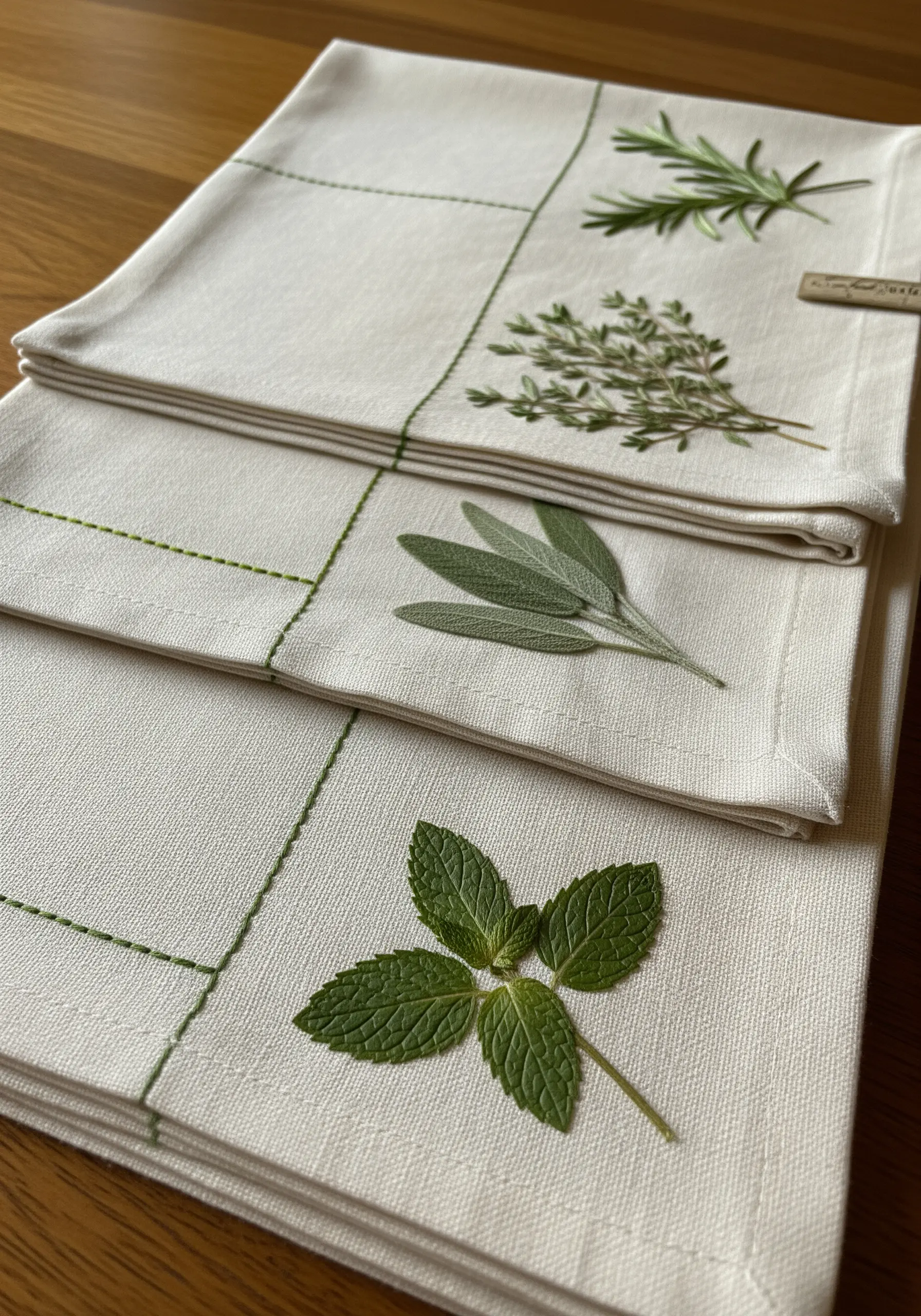 Linen napkins with simple green stitched lines, each adorned with a single pressed herb.