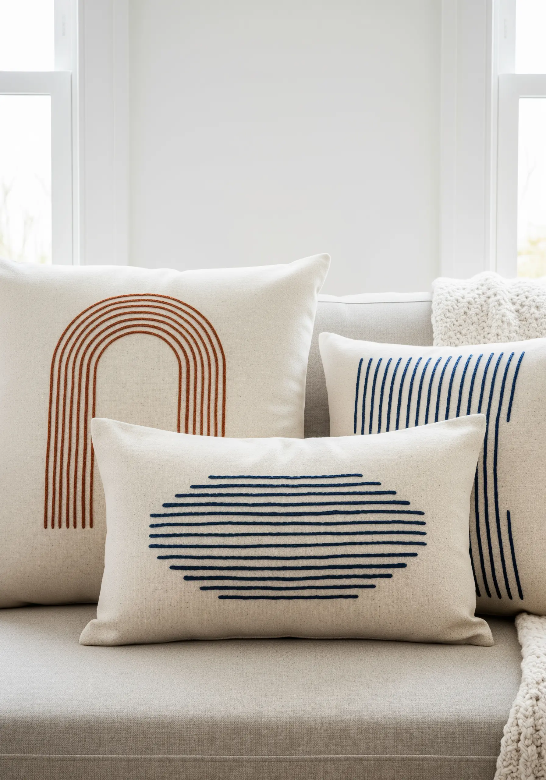 Three cream-colored pillows with minimalist geometric line patterns in rust and navy blue.