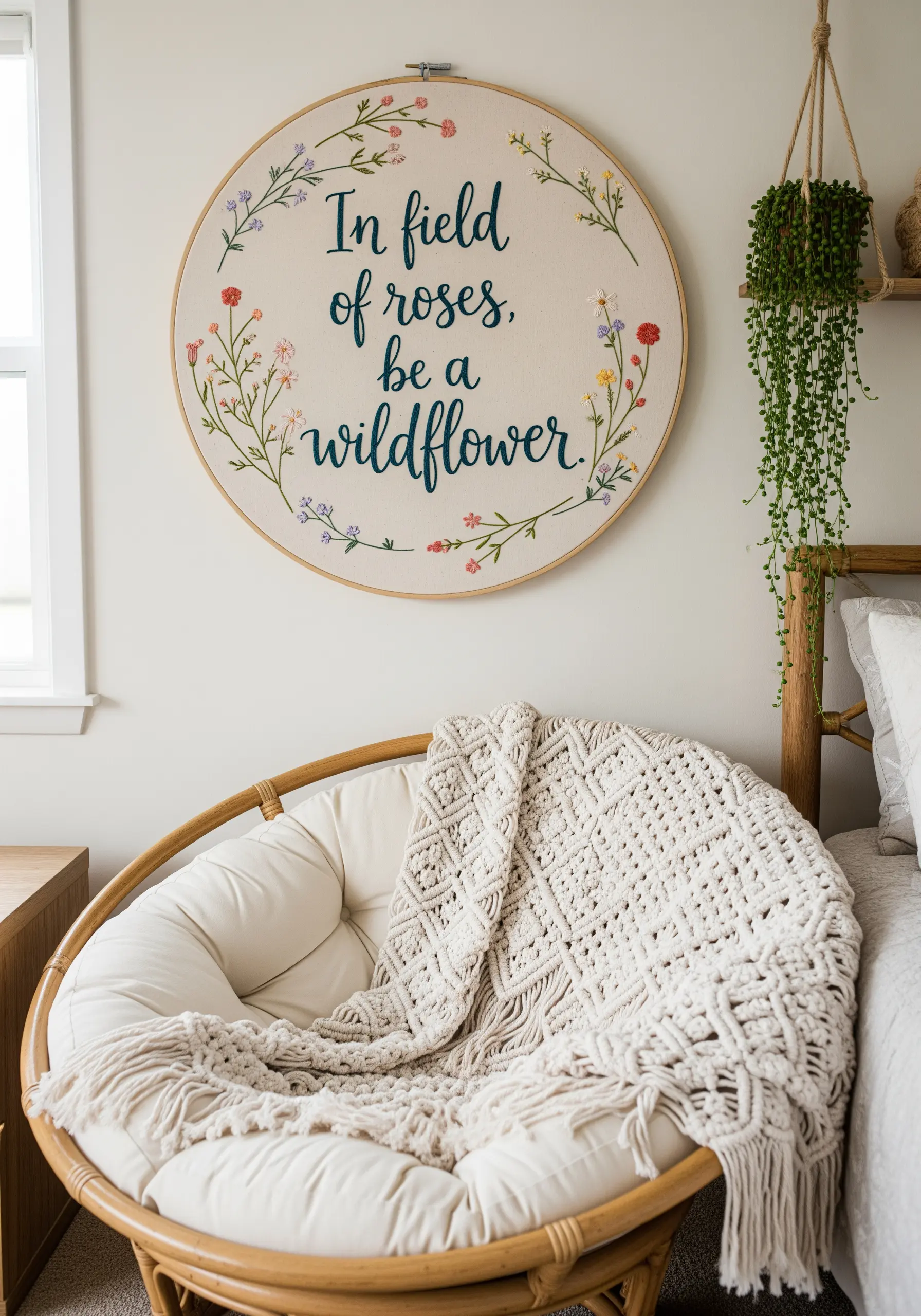 Large embroidery hoop art with a floral border and the quote 'In field of roses, be a wildflower'.