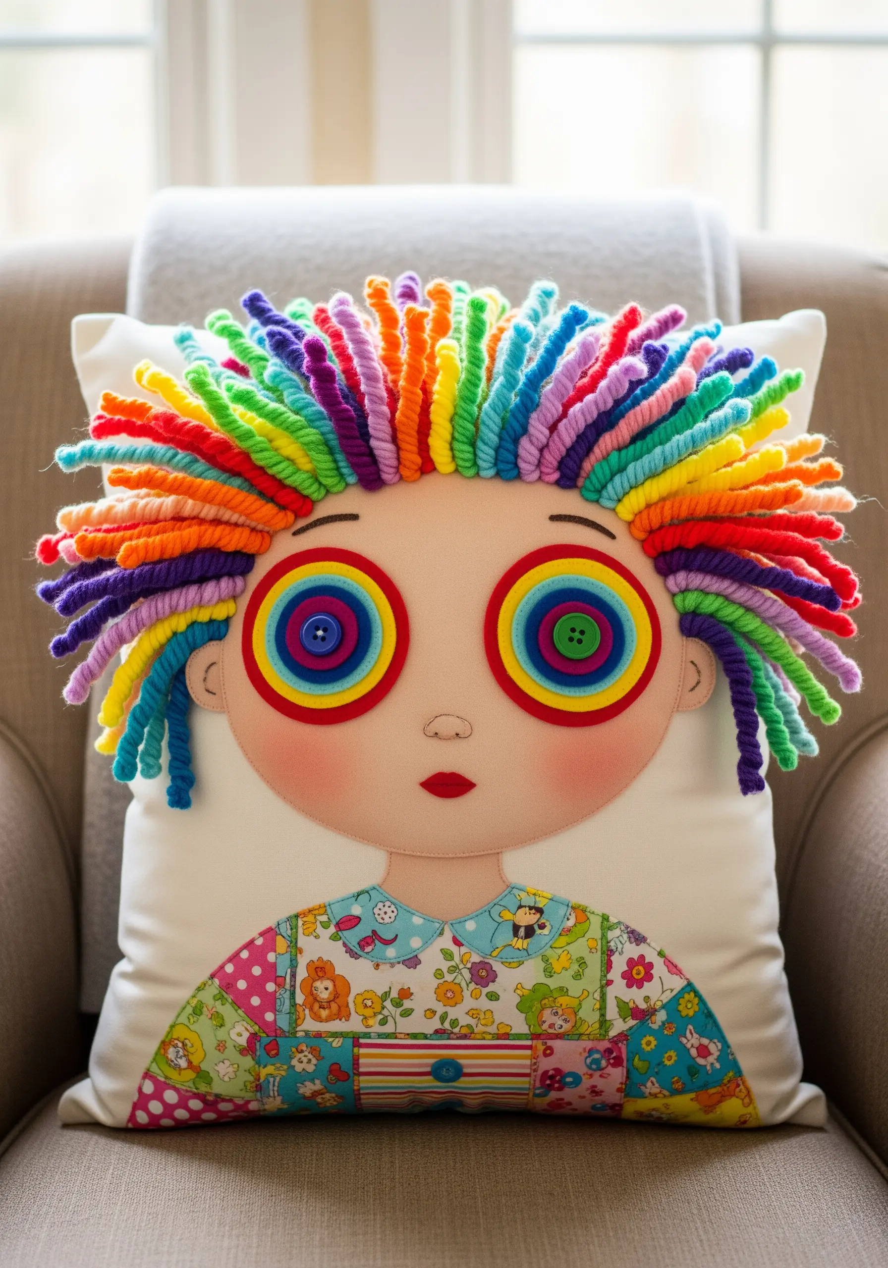 Whimsical cushion with a portrait featuring colorful coiled yarn hair and button eyes.