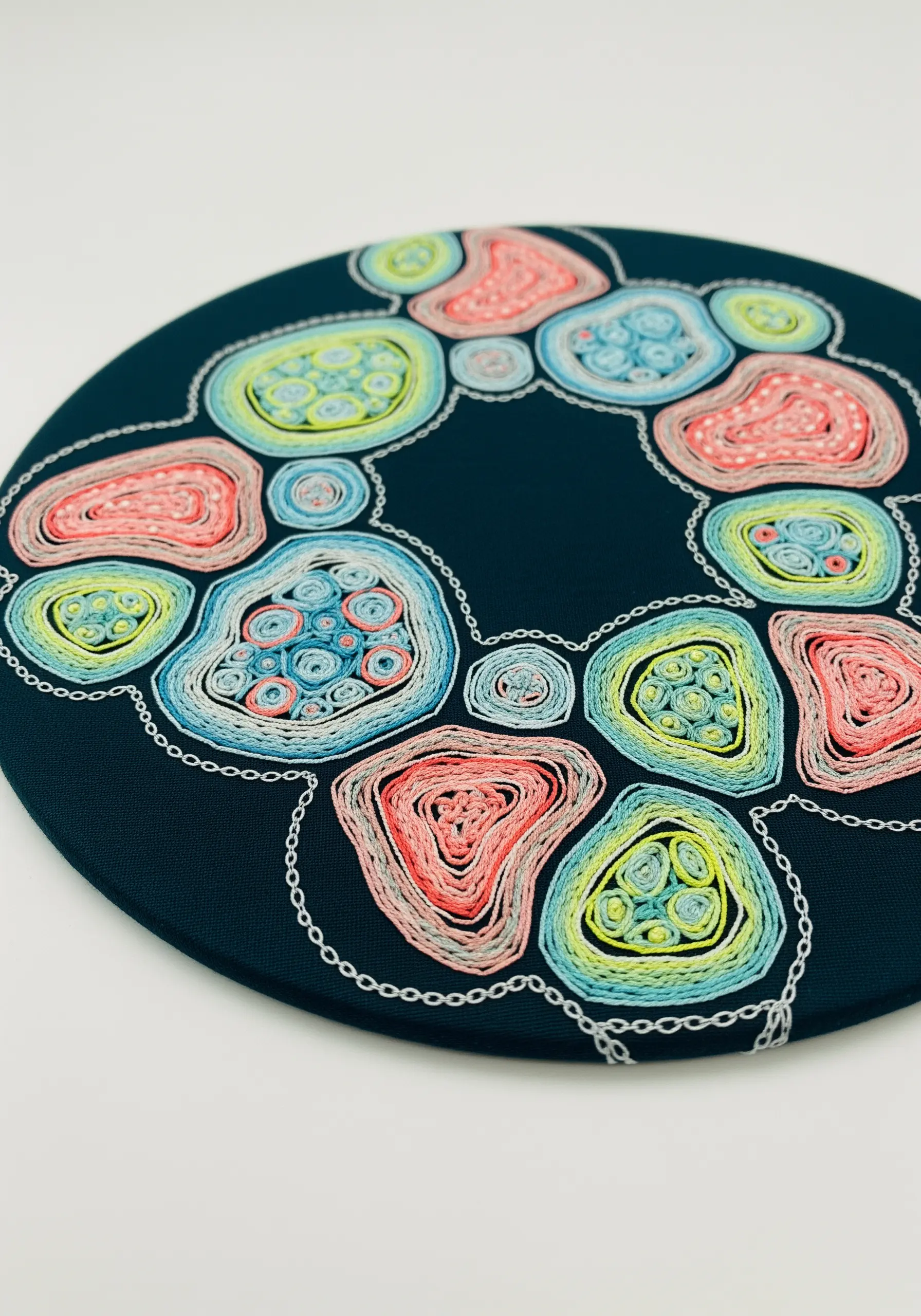 Abstract embroidery on dark fabric with layered, concentric shapes in pastel colors, resembling cells.