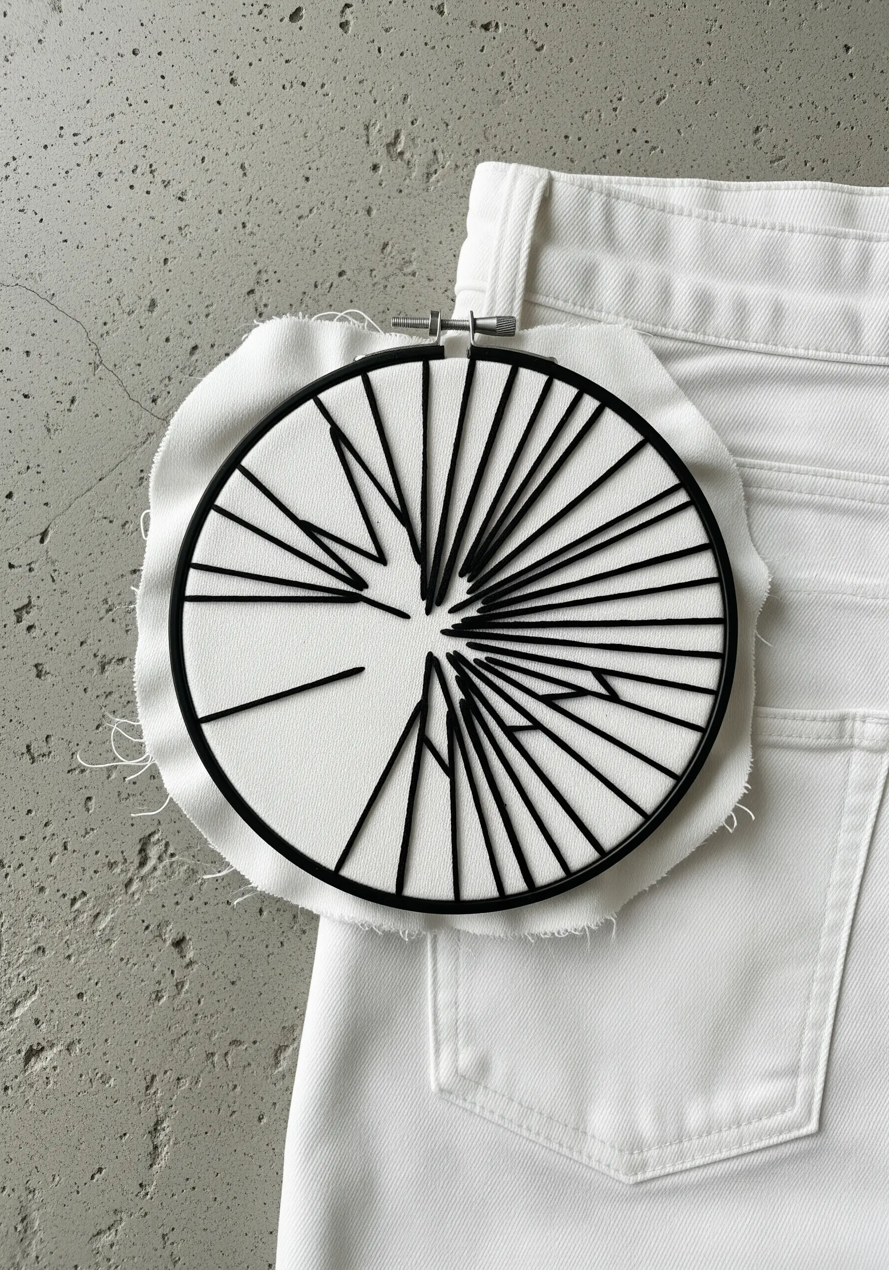 Black threads radiate from the center of a black hoop, creating a fractured pattern.