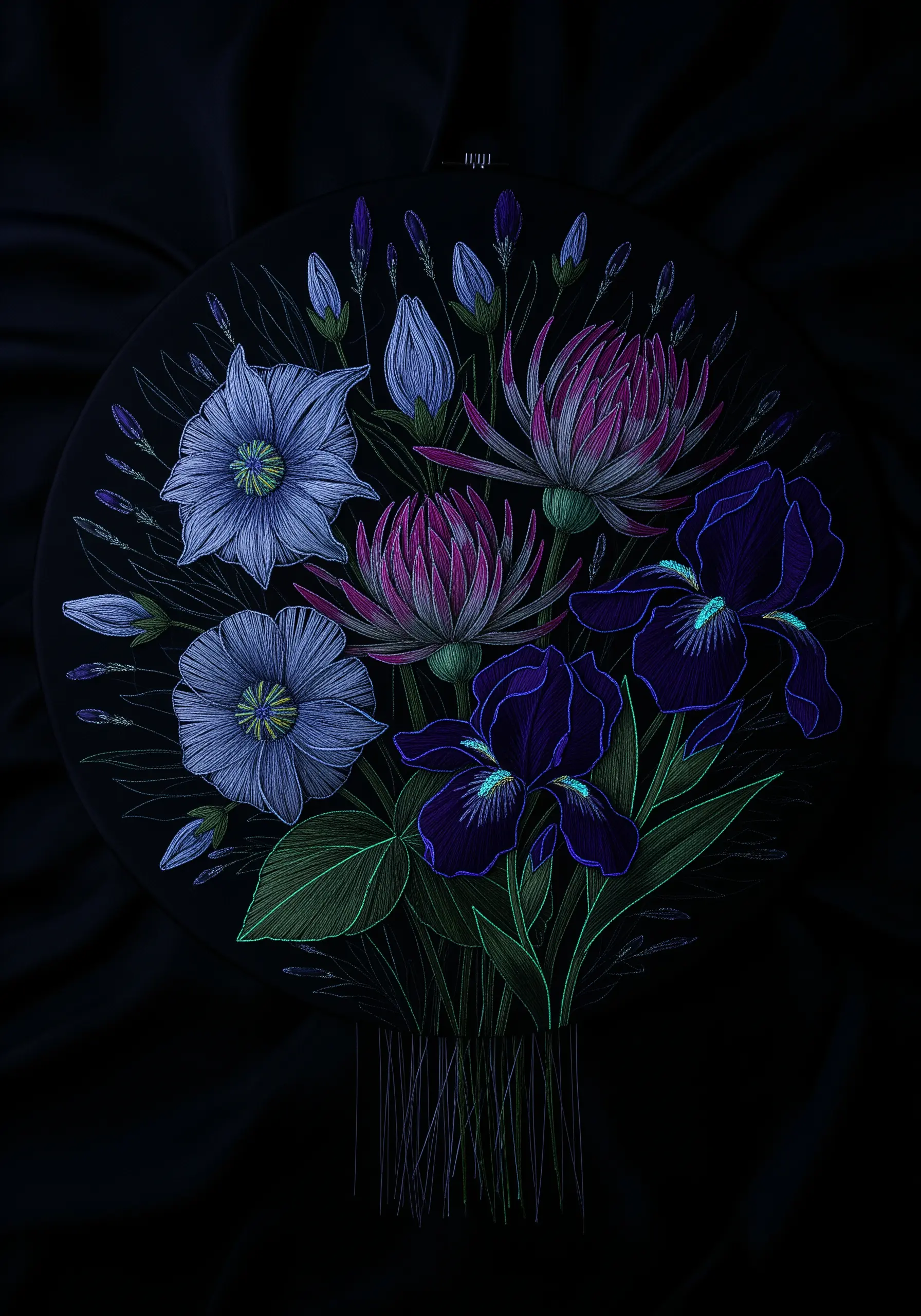 An embroidered floral bouquet on black fabric, with certain elements glowing in the dark.