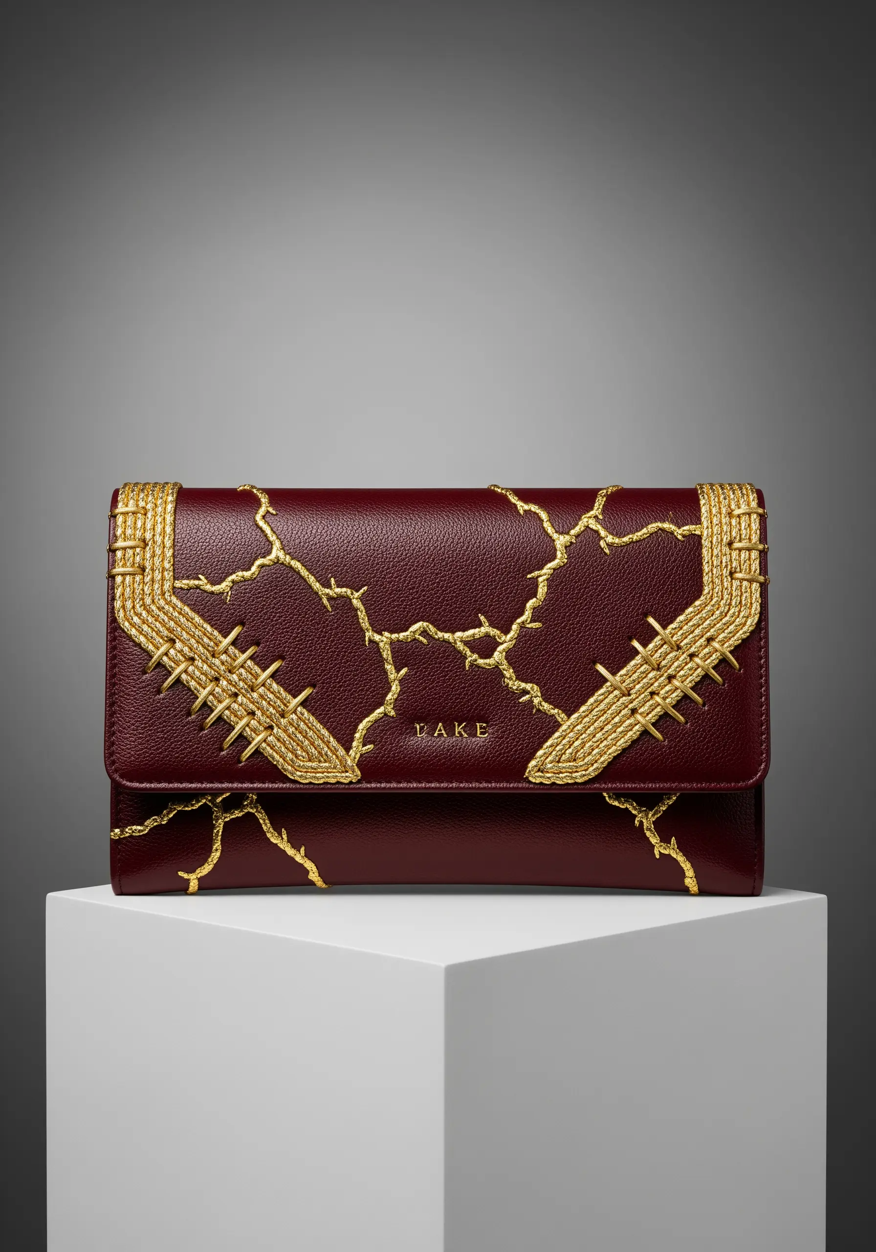 A burgundy clutch embellished with gold metallic embroidery in a Kintsugi-inspired pattern.