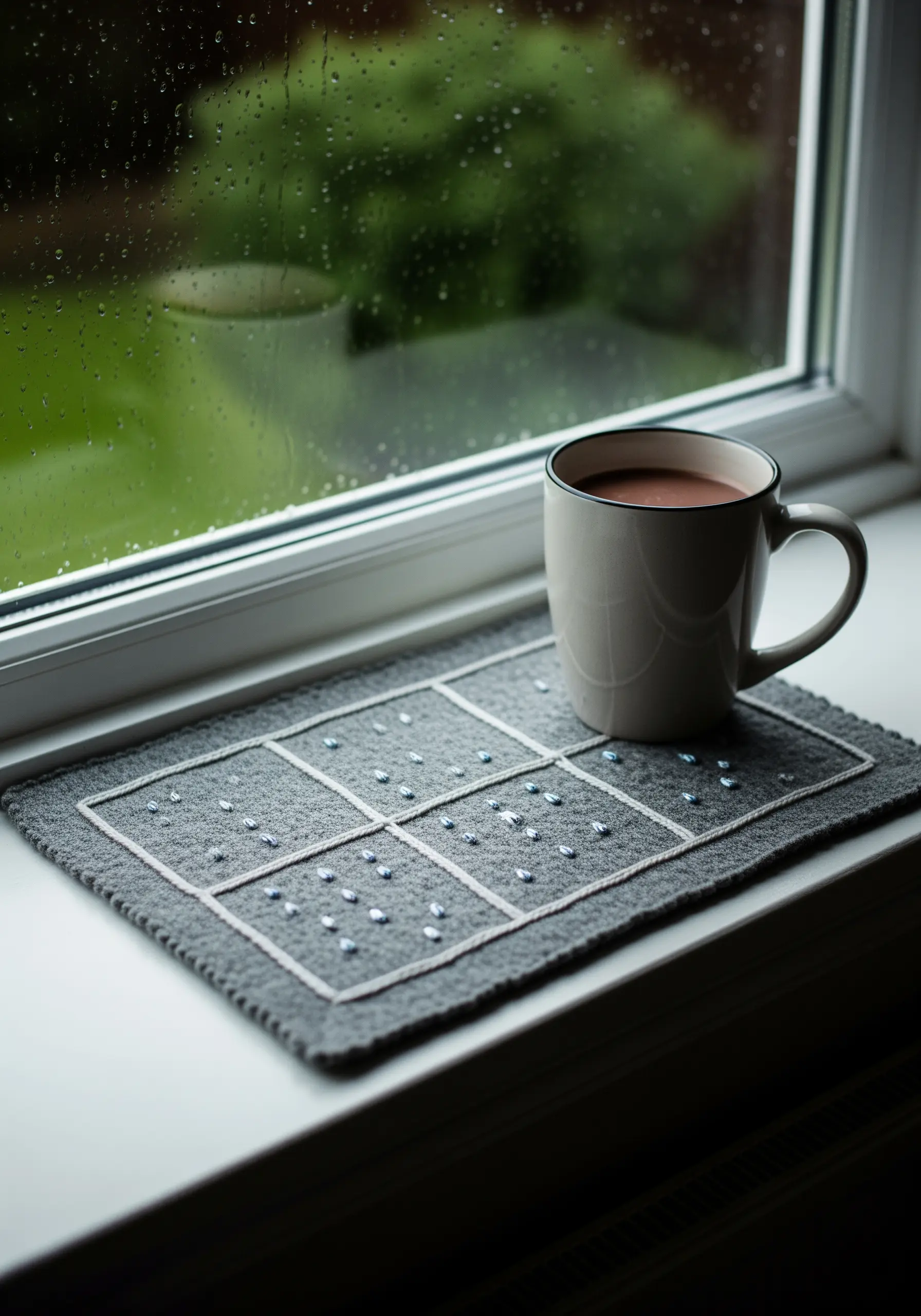 A minimalist grid of running stitches on gray felt, accented with tiny silver beads.