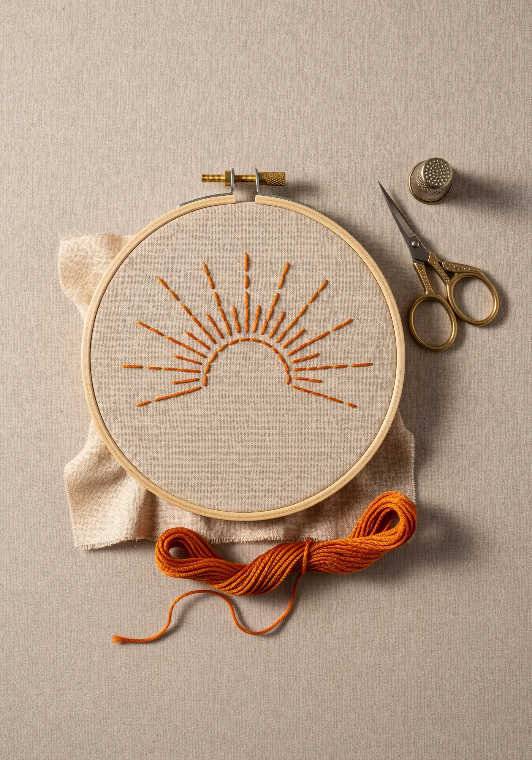 Minimalist sunrise design with radiating straight stitches in orange.