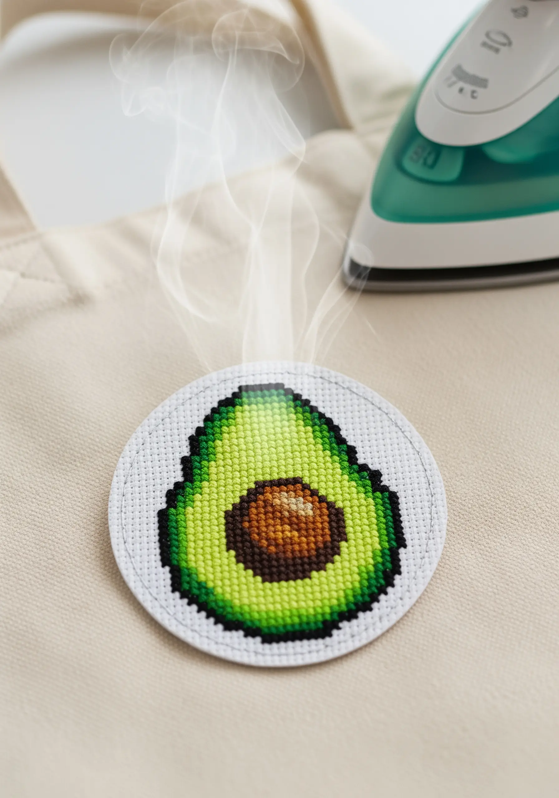 A finished cross-stitch avocado patch being prepared with an iron for application.