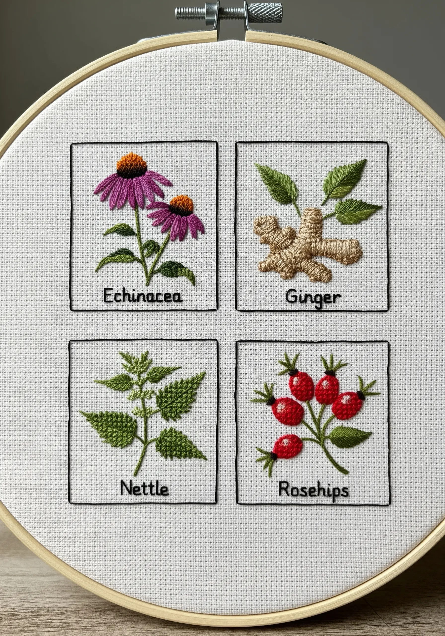An embroidery sampler with four squares, each featuring a different medicinal herb.