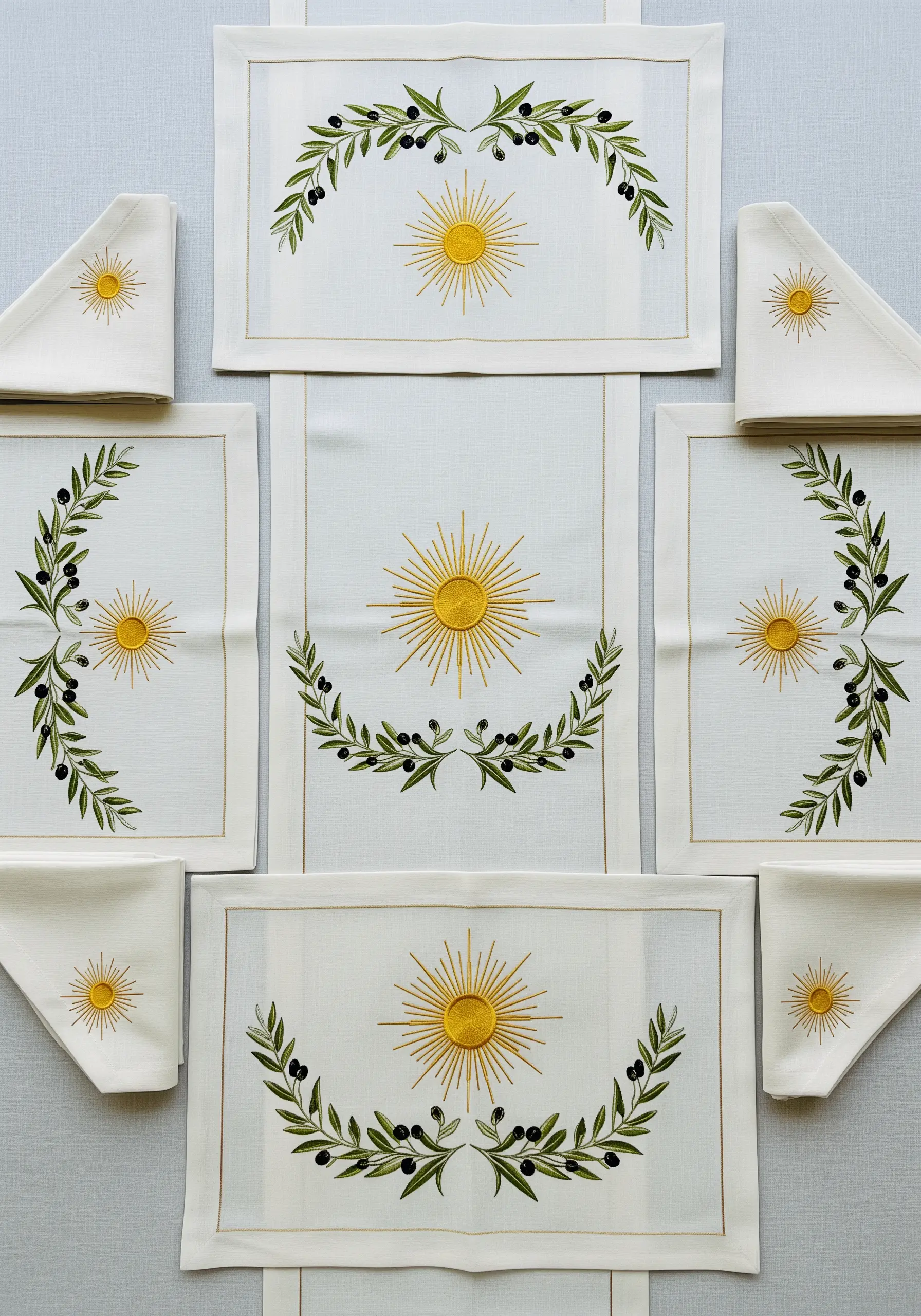 A coordinated set of placemats, napkins, and a runner with sun and olive motifs.